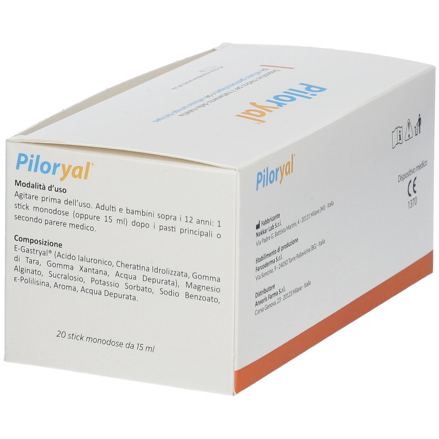 Scatola Piloryal con informazioni. Dispositivo medico. Contiene 20 stick. Ingredienti e istruzioni per l'uso.