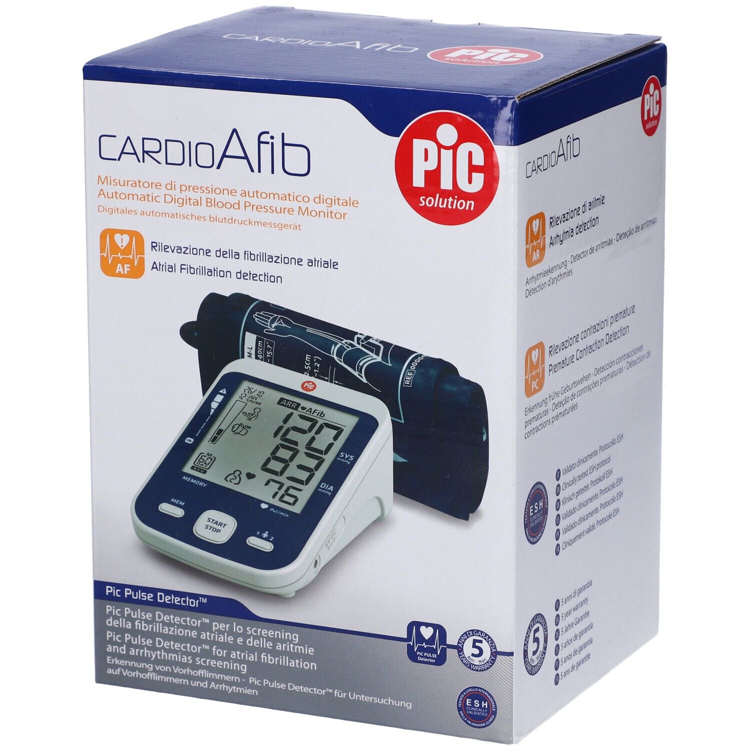Verpackung von Pic CardioAfib. Digitales Blutdruckmessgerät und Manschette abgebildet. Text: CardioAfib, Pic solution.