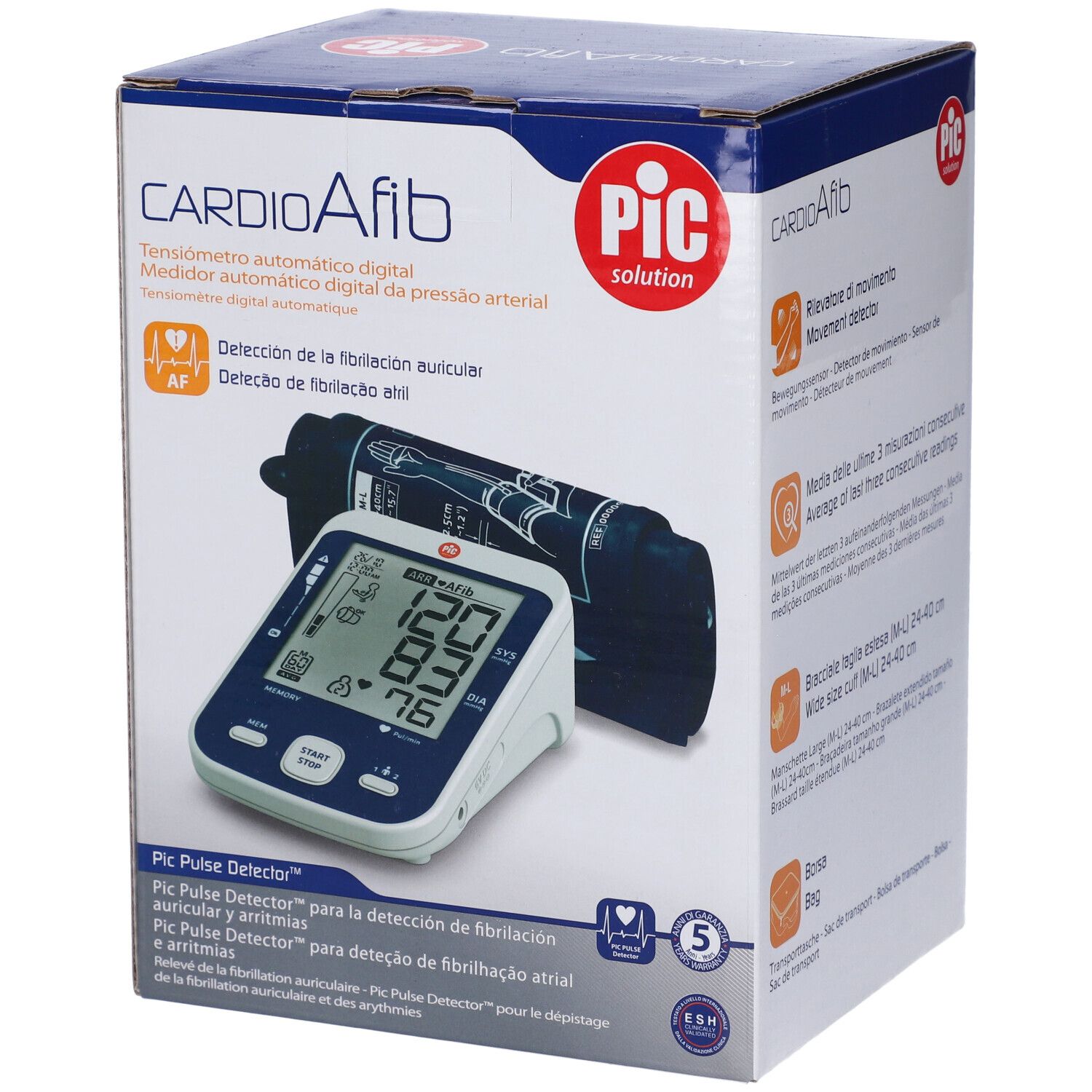Verpackung von Pic CardioAfib. Text: CardioAfib, Tensiometro automatico digitale, Detektion der Vorhofflimmern.