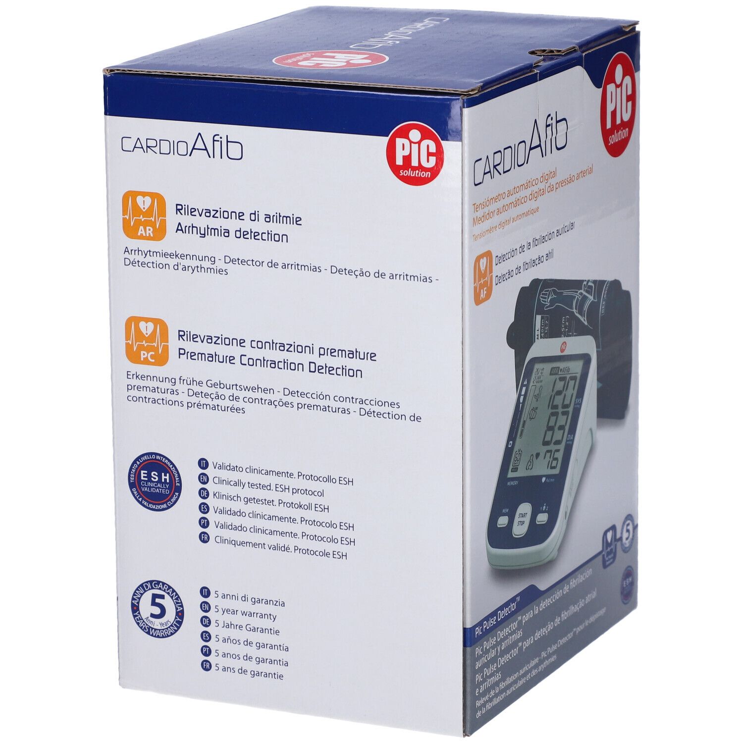 Verpackung von Pic CardioAfib. Text: CardioAfib, Rilevatore di movimento, Media delle ultime 3 misurazioni consecutive.