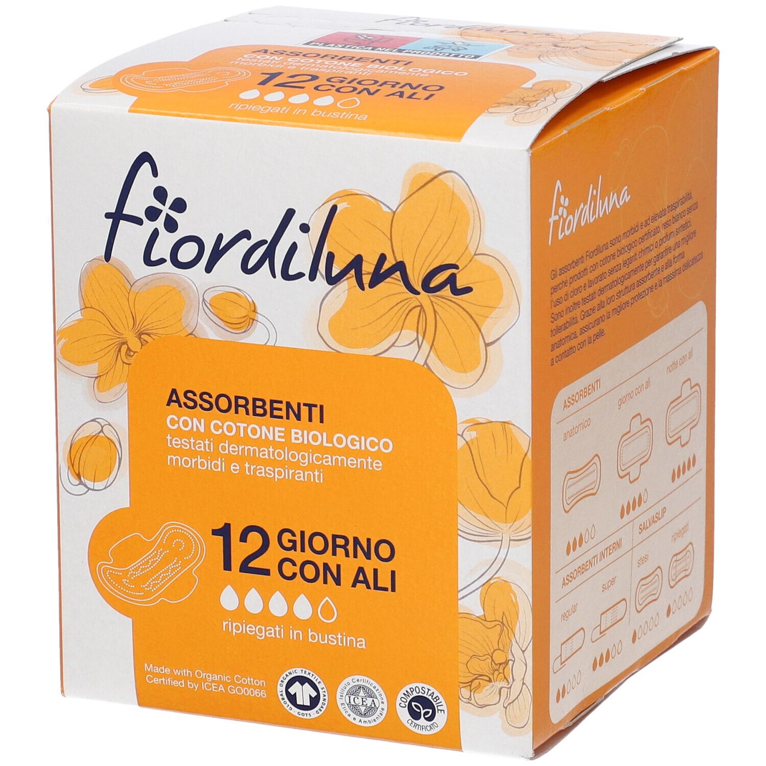 Fiordiluna-Produktverpackung. 12 Stück, Tag mit Flügeln. Aus Bio-Baumwolle, dermatologisch getestet.