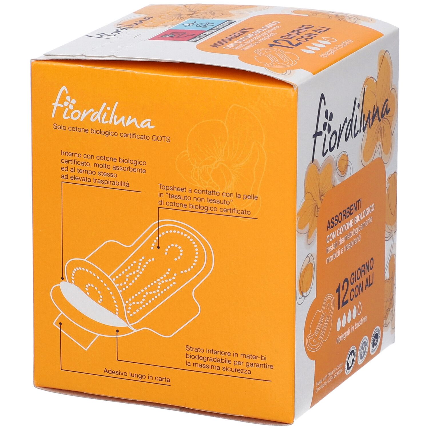 Fiordiluna-Produktverpackung. Detailansicht der Produktmerkmale. Aus Bio-Baumwolle, Tag mit Flügeln.