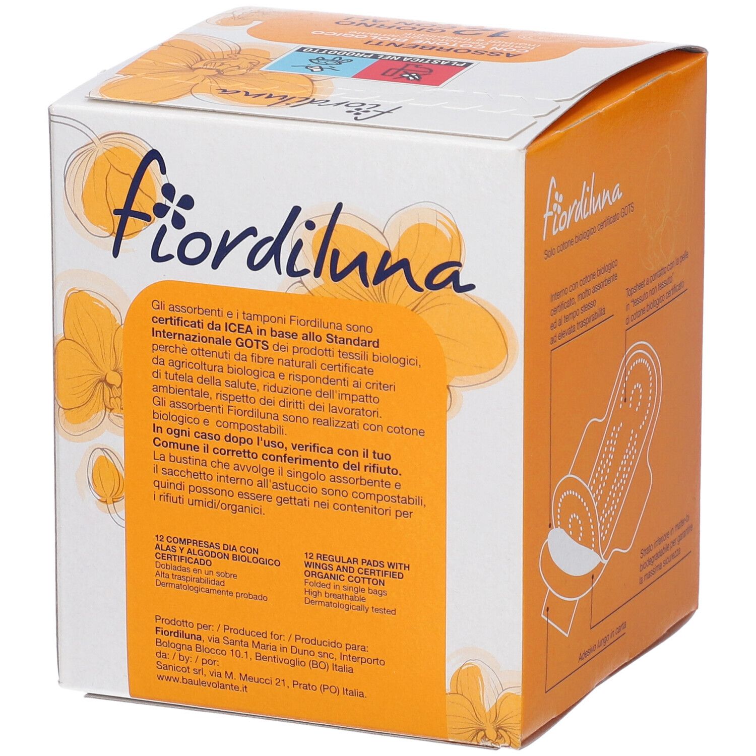 Fiordiluna-Produktverpackung. Informationen zu Zertifizierungen und Inhaltsstoffen. 12 Stück, Tag mit Flügeln.