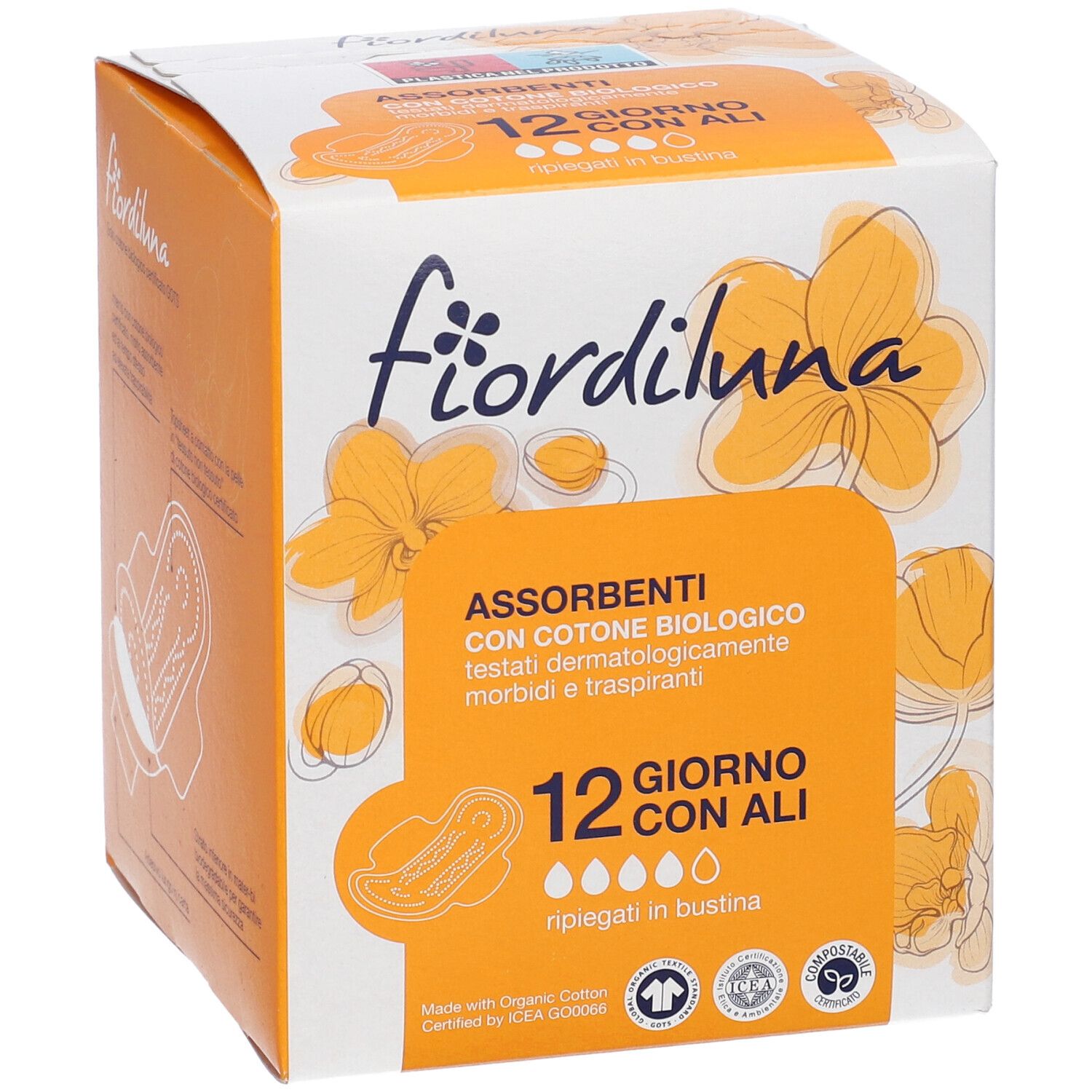 Fiordiluna-Produktverpackung. 12 Stück, Tag mit Flügeln. Aus Bio-Baumwolle, dermatologisch getestet.