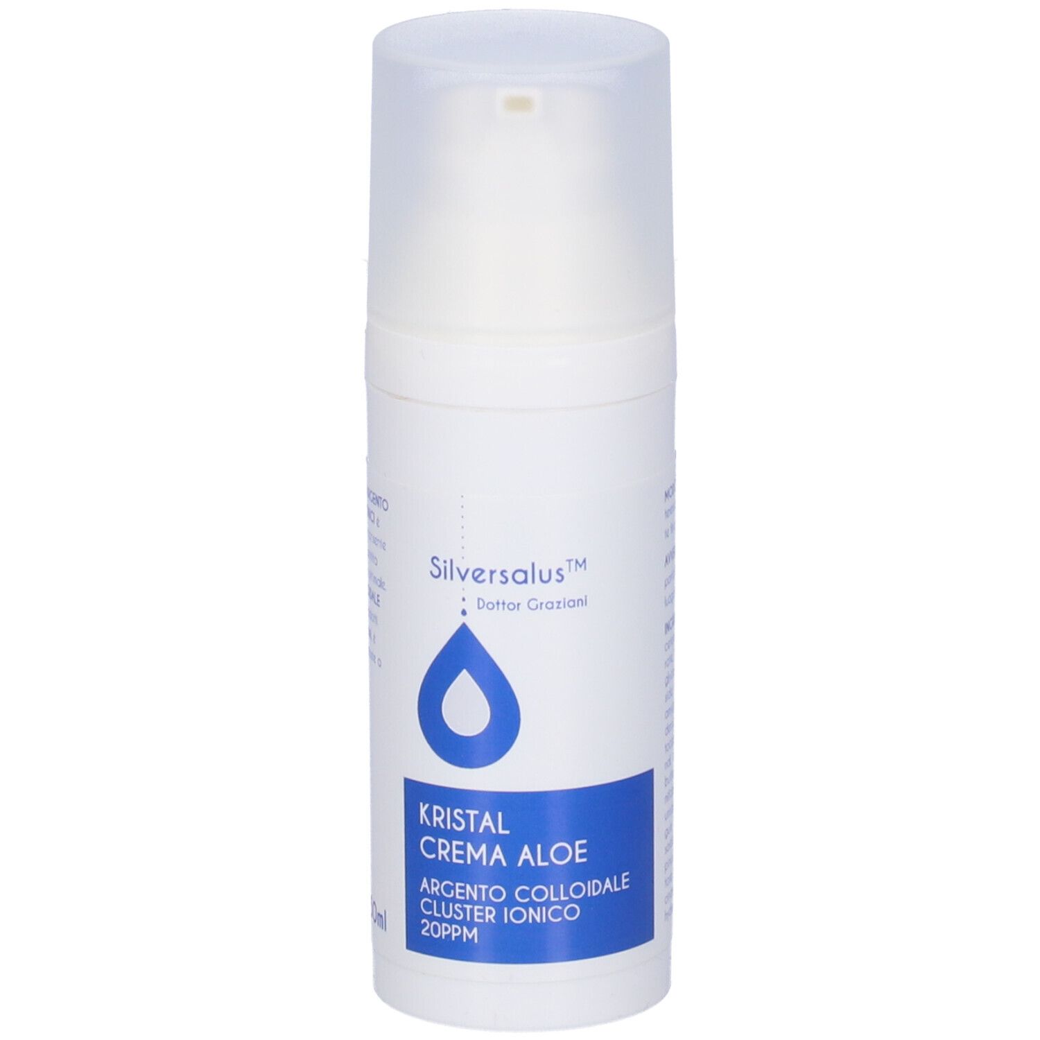 Flacone bianco con dosatore. Scritta: Silversalus, Kristal Crema Aloe, Argento colloidale cluster ionico.