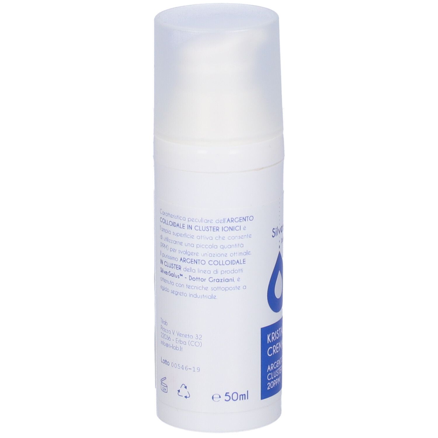 Flacone bianco con dosatore. Retro con testo. Scritta: Silversalus, Kristal Crema Aloe, Argento colloidale cluster ionico.
