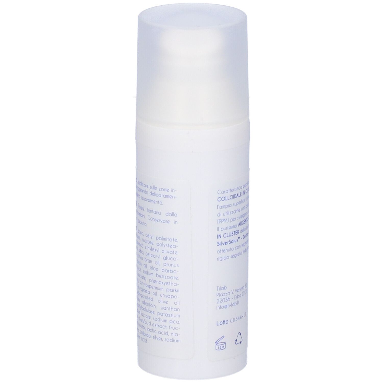 Flacone bianco con dosatore. Retro con testo. Ingredienti e altre informazioni.