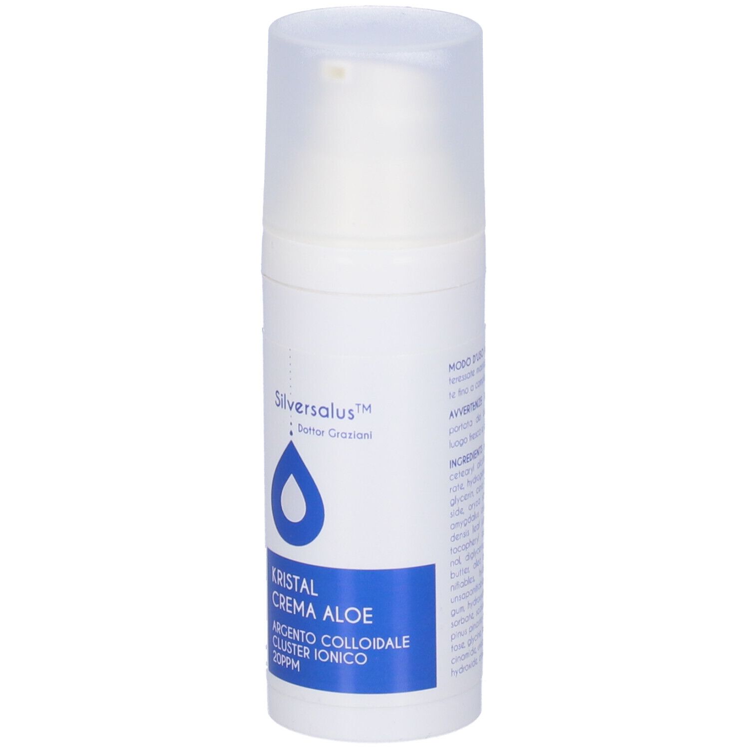 Flacone bianco con dosatore. Scritta: Silversalus, Kristal Crema Aloe, Argento colloidale cluster ionico.