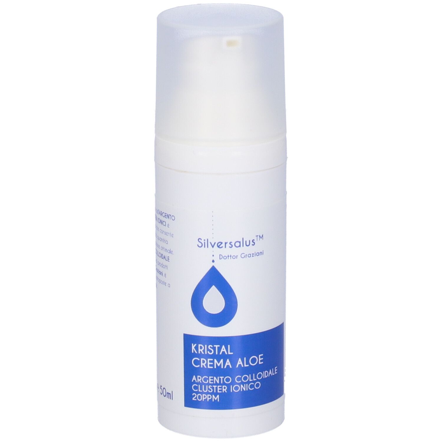 Flacone bianco con dosatore. Scritta: Silversalus, Kristal Crema Aloe, Argento colloidale cluster ionico. 50ml.