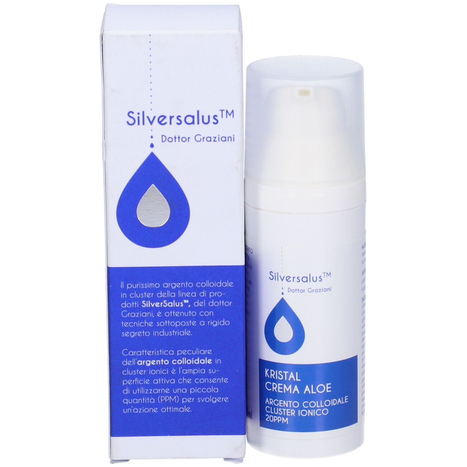 Flacone e confezione. Scritta: Silversalus, Kristal Crema Aloe, Argento colloidale cluster ionico.
