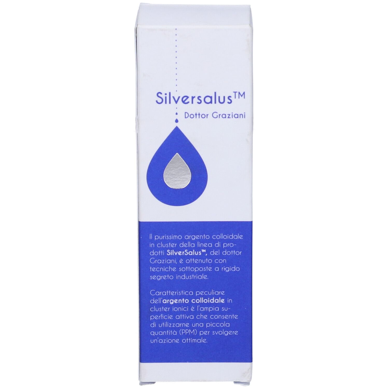 Confezione. Scritta: Silversalus, Kristal Crema Aloe, Argento colloidale cluster ionico. Testo sul prodotto.