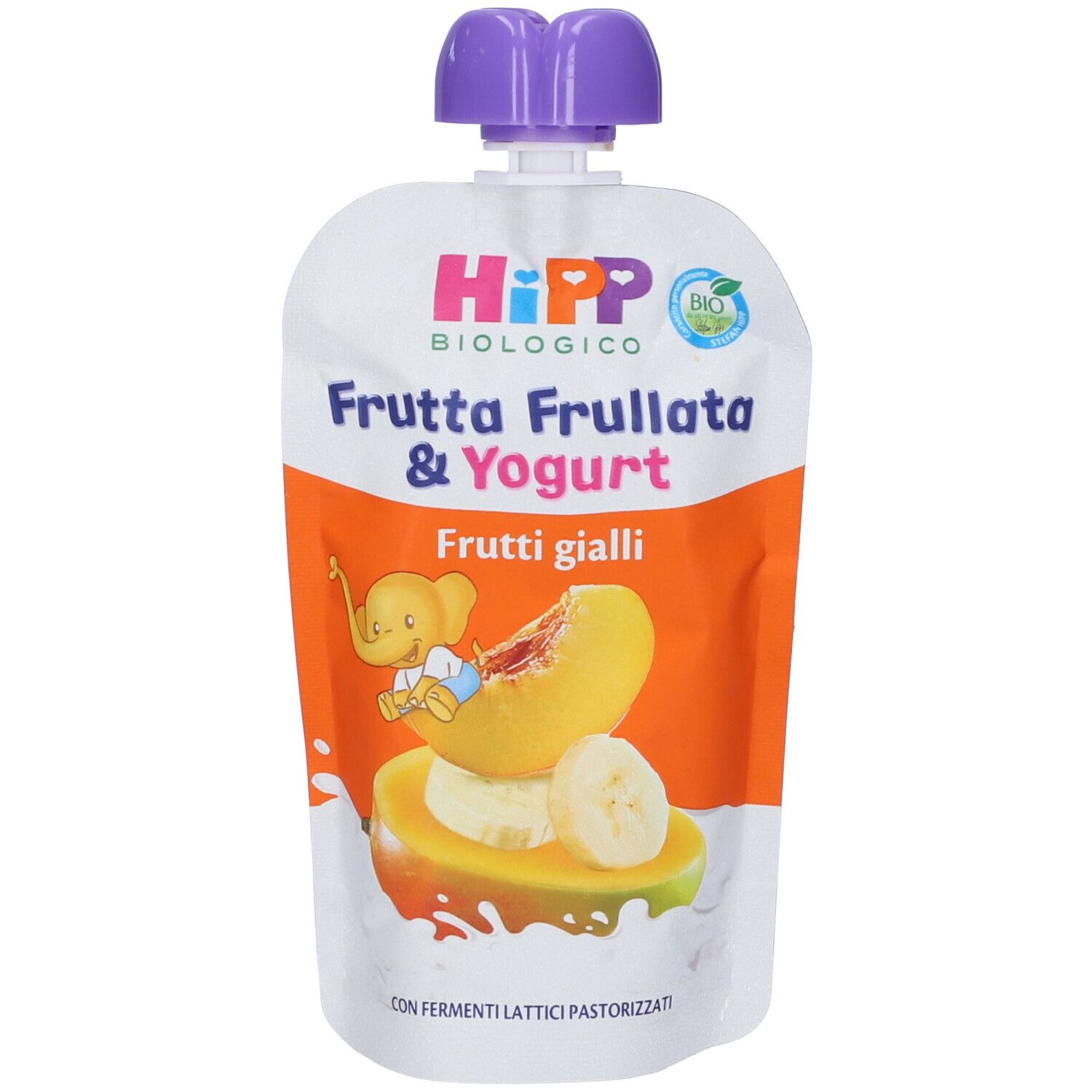Hipp Bio Quetschbeutel mit gelben Früchten und Joghurt. Vorderseite mit Produktnamen, Illustration und Bio-Siegel.