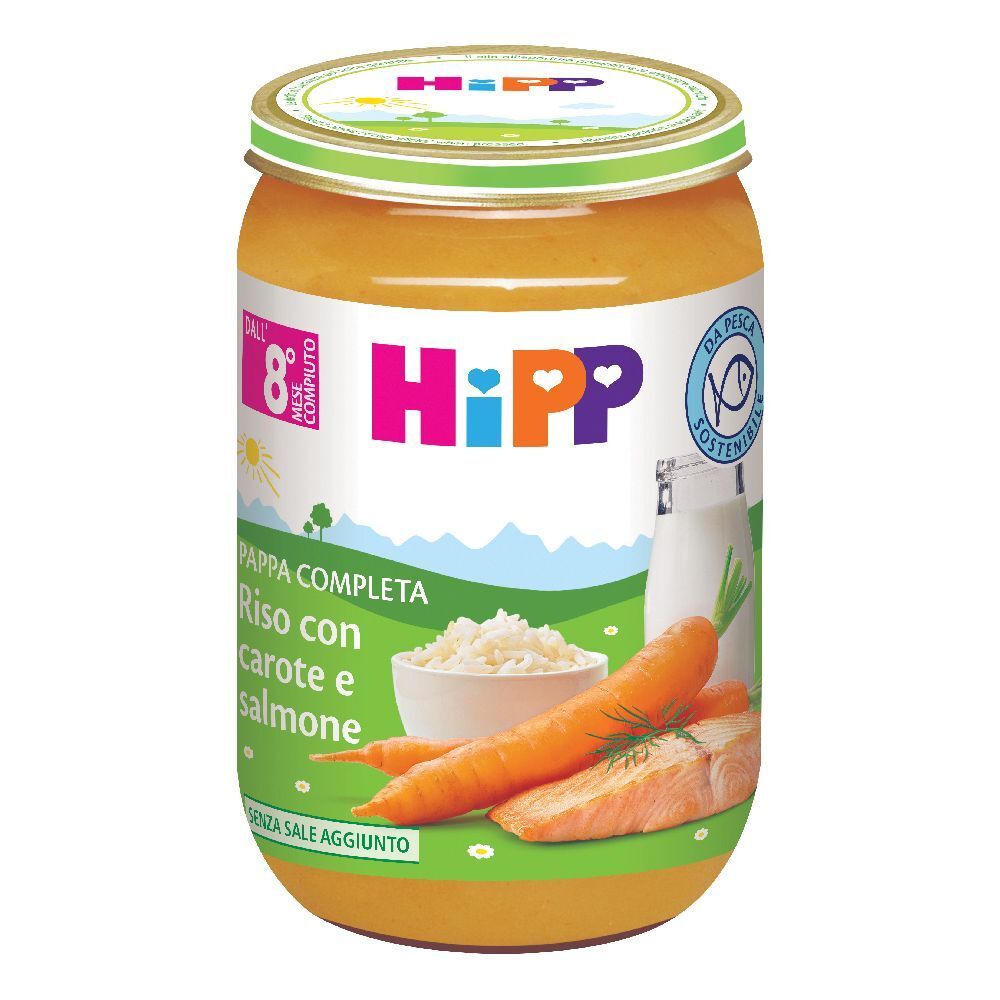 Vasetto di pappa per bambini HIPP, Riso con Carote e Salmone. Per bambini da 8 mesi. Senza sale aggiunto. Immagine di carote e salmone.