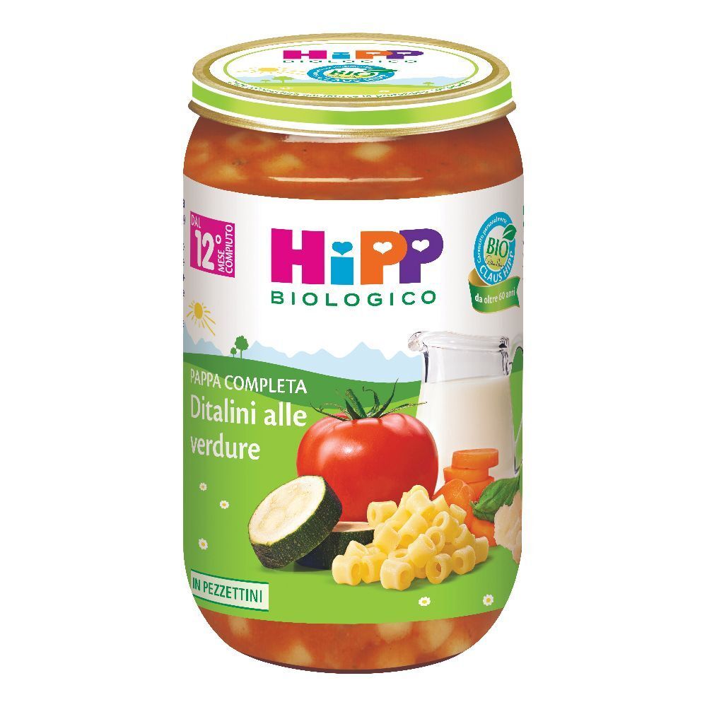 Vasetto di Hipp Bio Ditalini Verdure. Etichetta con nome prodotto, verdure e logo. Coperchio stampato.