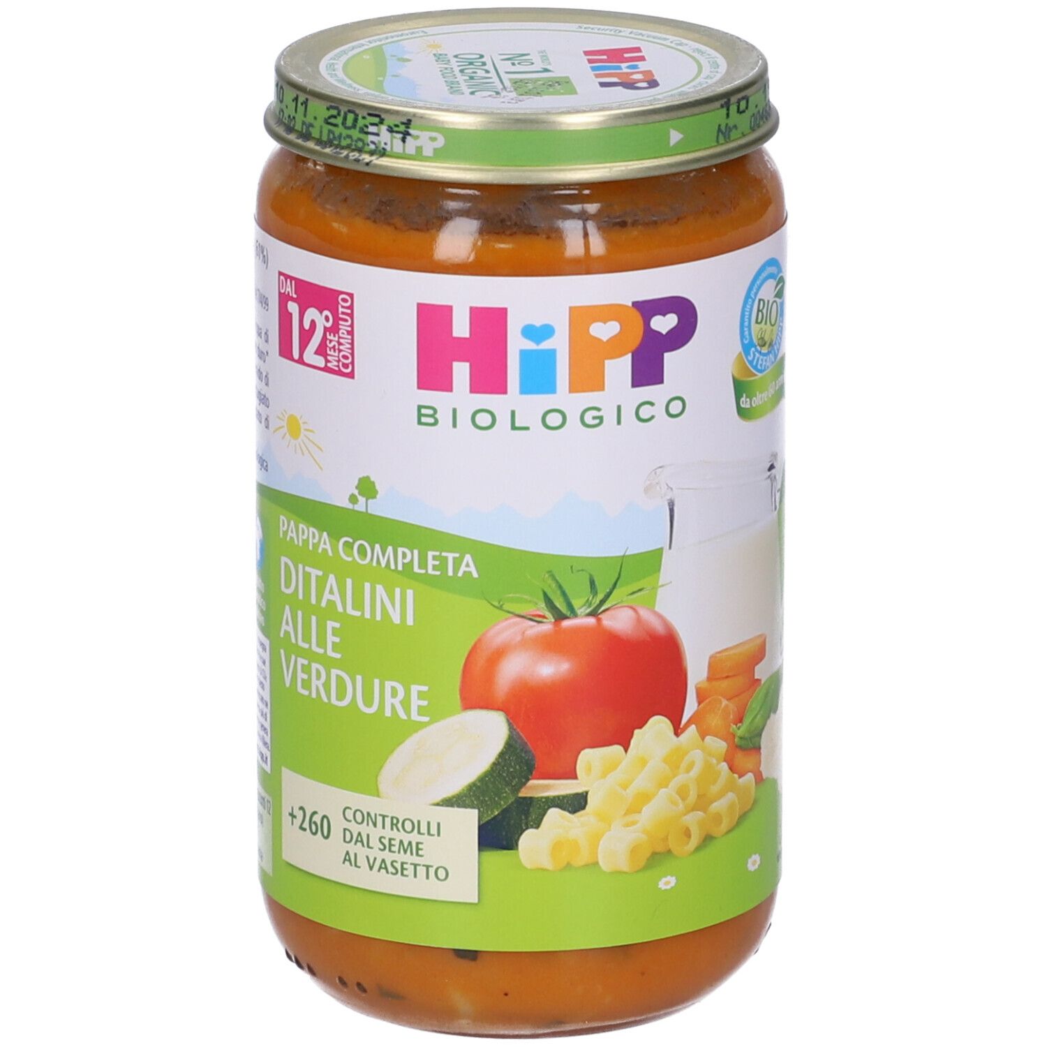 Vasetto di Hipp Bio Ditalini Verdure. Etichetta con nome prodotto, verdure e logo. Coperchio stampato.