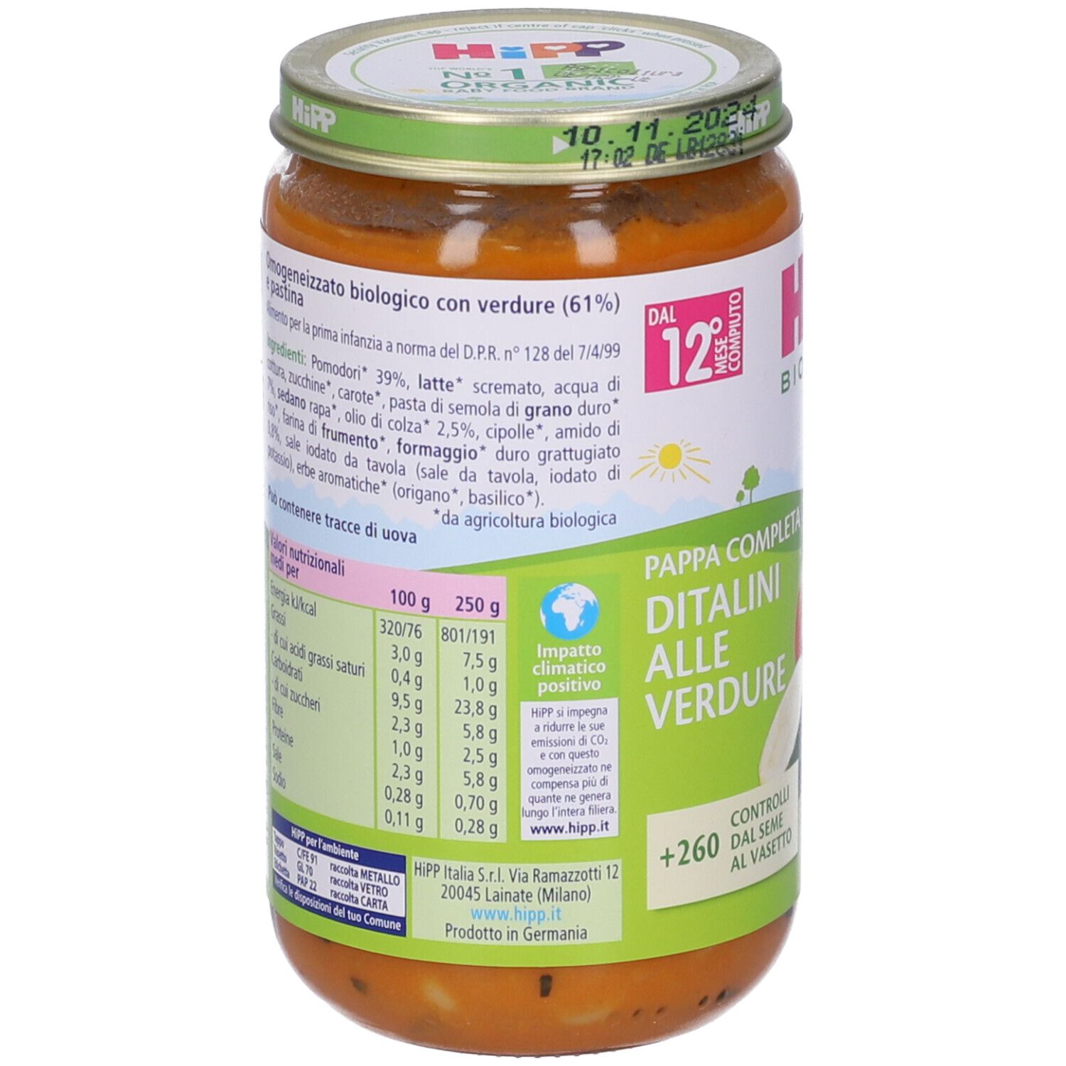 Vasetto di Hipp Bio Ditalini Verdure. Retro con valori nutrizionali e lista ingredienti. Sfondo verde.