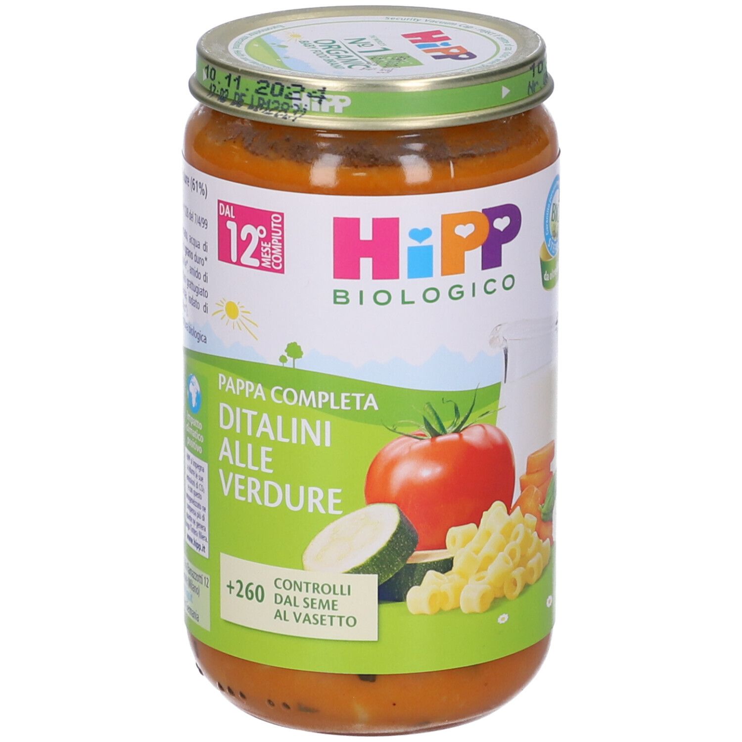 Vasetto di Hipp Bio Ditalini Verdure. Etichetta con nome prodotto, verdure e logo. Coperchio stampato.
