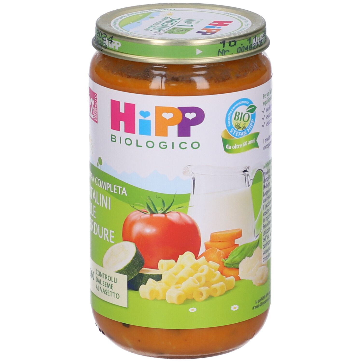 Vasetto di Hipp Bio Ditalini Verdure. Etichetta con nome prodotto, verdure e logo. Coperchio stampato.
