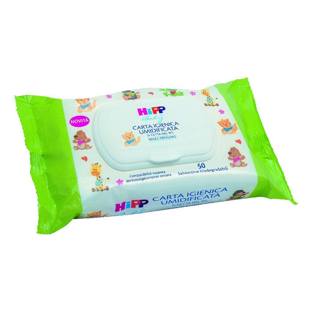 Confezione verde HiPP Baby Carta Igienica Umidificata. Coperchio bianco. Adesivo 'Novita'. 50 salviette.