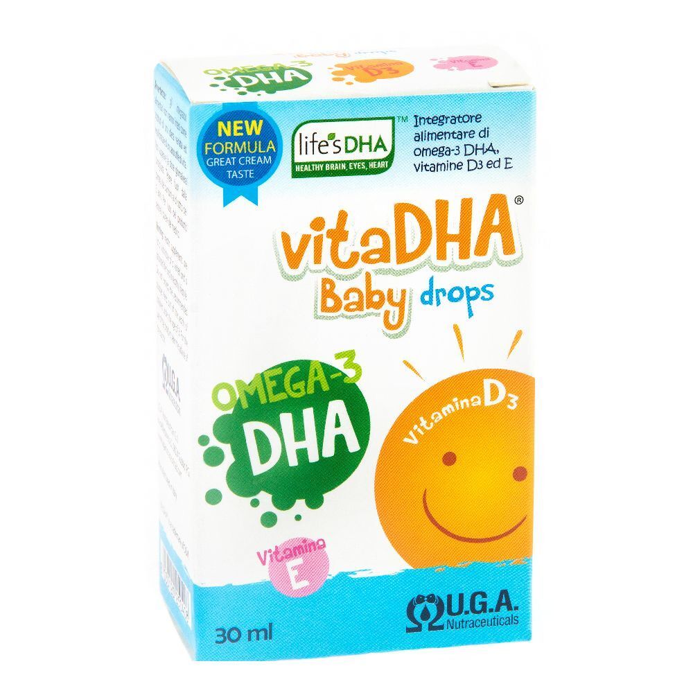 Scatola di VitaDHA Baby Drops. Contiene Omega-3 DHA, vitamina D3 ed E. Scritte: « New Formula », « Omega-3 DHA », « Vitamina E » e « 30 ml ».
