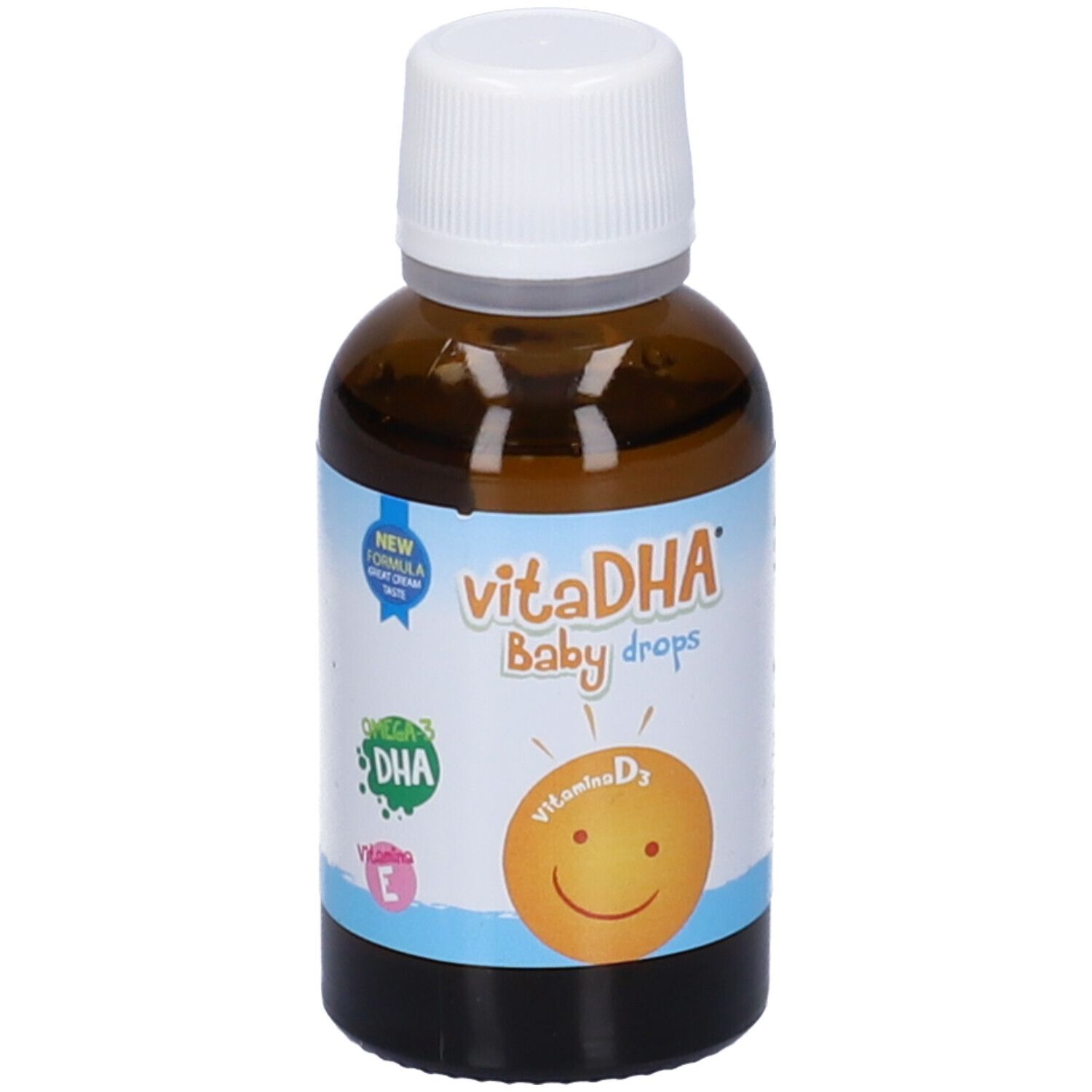 Flacone di vetro marrone con tappo bianco. Etichetta con VitaDHA Baby Drops, Omega-3 DHA, vitamina D3 ed E. Scritta: « 30 ml ».