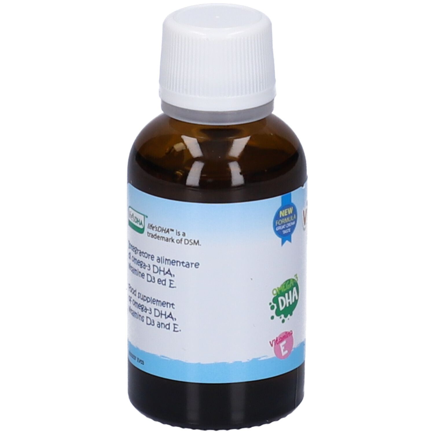 Flacone di vetro marrone con tappo bianco. Etichetta con VitaDHA Baby Drops, Omega-3 DHA, vitamina D3 ed E. Testo multilingue.