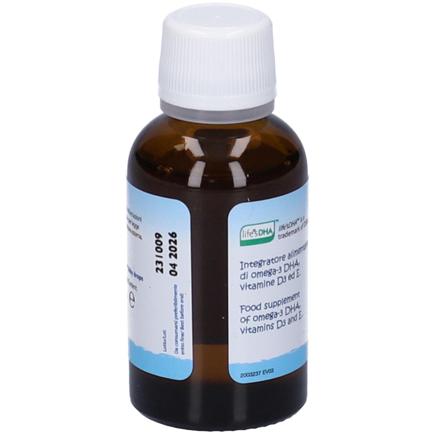 Flacone di vetro marrone con tappo bianco. Etichetta con VitaDHA Baby Drops, Omega-3 DHA, vitamina D3 ed E. Scadenza: 04 2026.