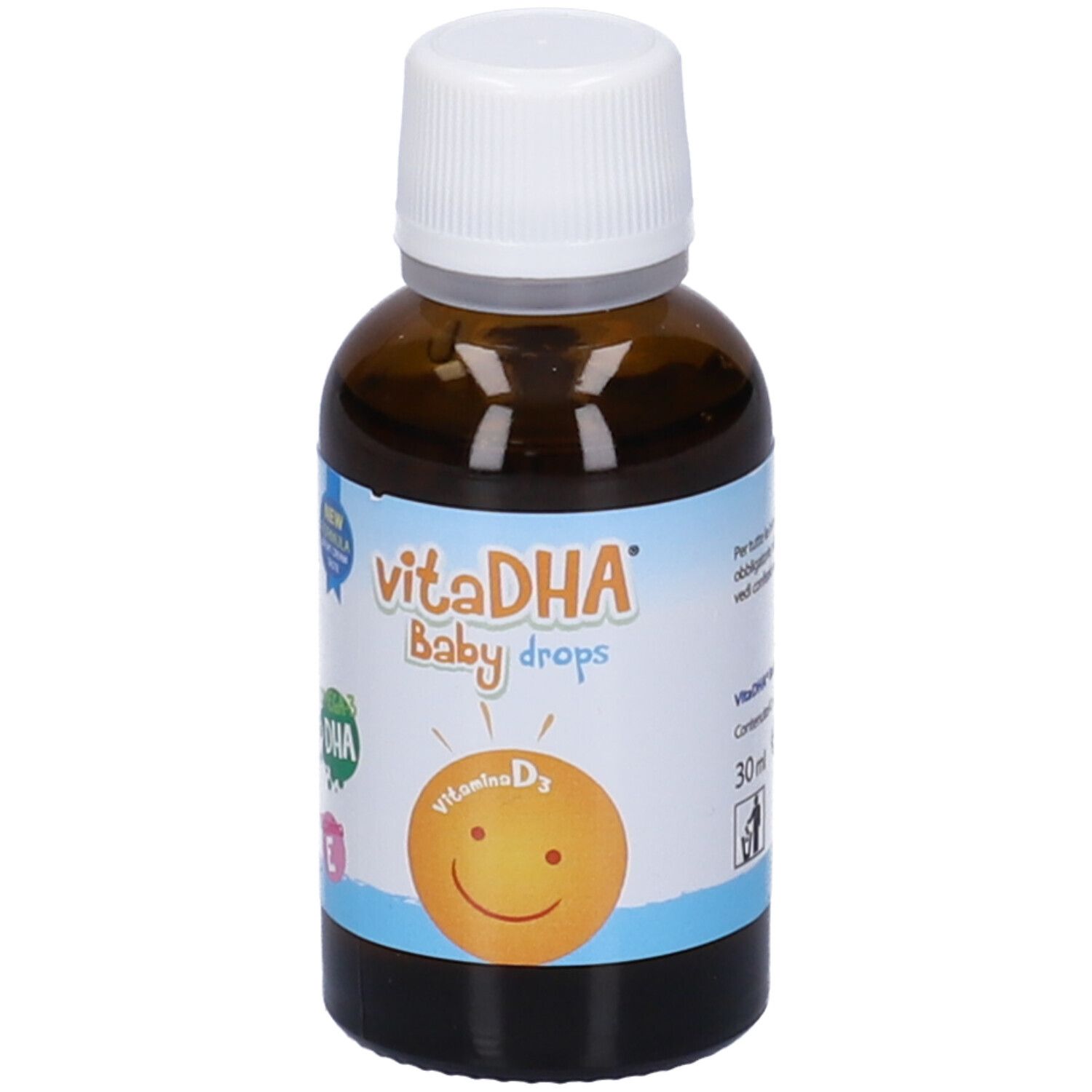 Flacone di vetro marrone con tappo bianco. Etichetta con VitaDHA Baby Drops, Omega-3 DHA, vitamina D3 ed E. Scritta: « 30 ml ».