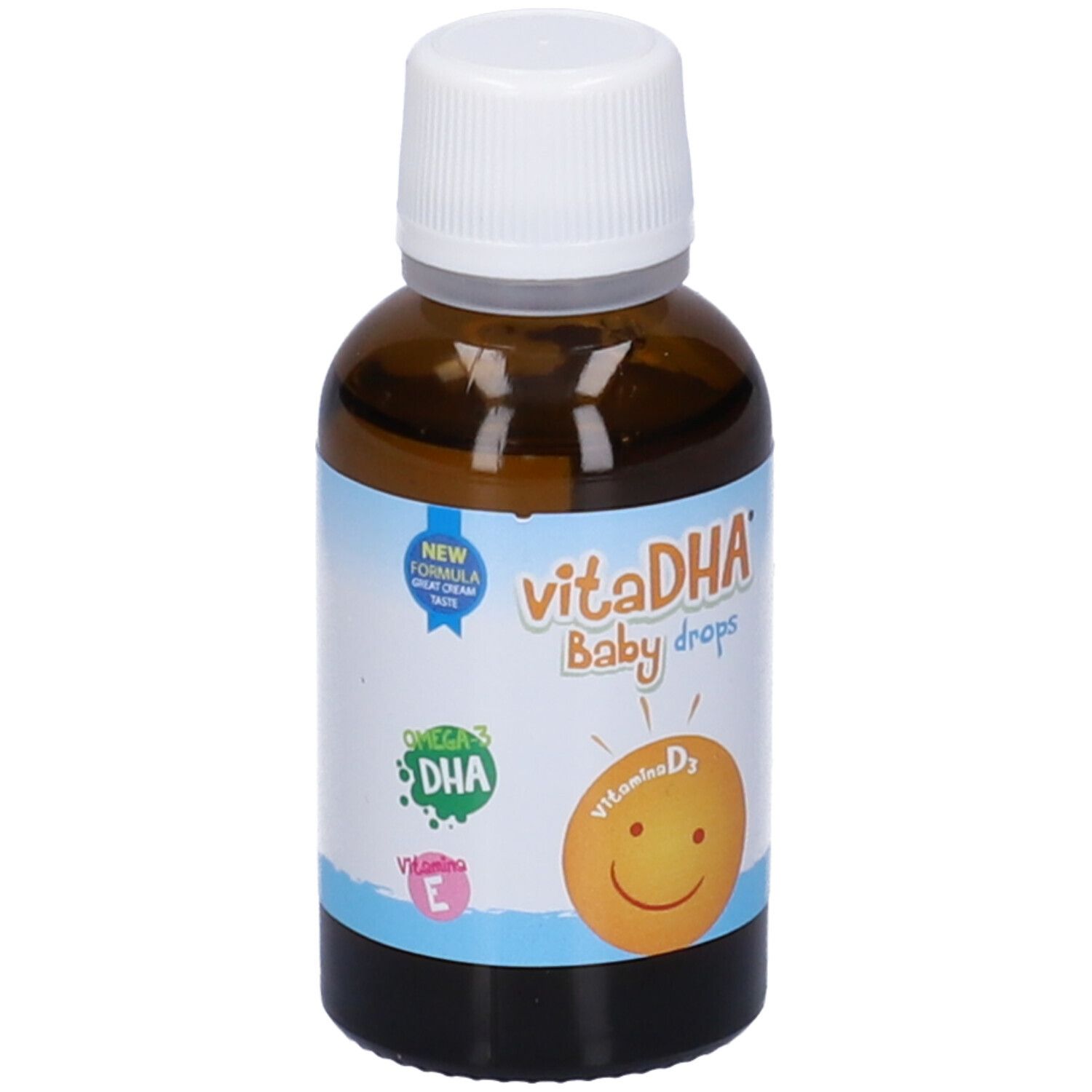 Flacone di vetro marrone con tappo bianco. Etichetta con VitaDHA Baby Drops, Omega-3 DHA, vitamina D3 ed E. Scritta: « 30 ml ».