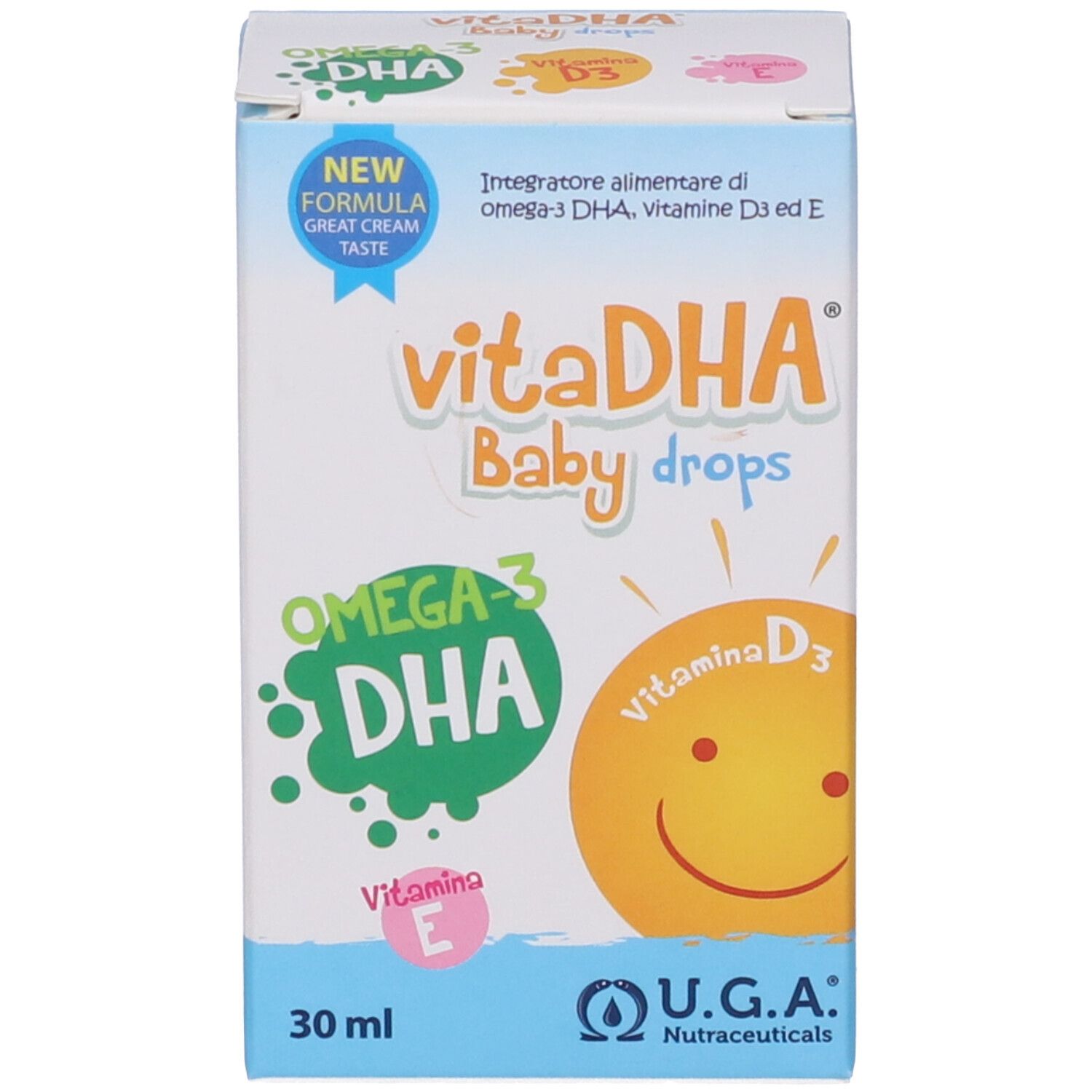 Confezione VitaDHA Baby Drops. Contiene Omega-3 DHA, vitamina D3 ed E. Scritta: « 30 ml ».