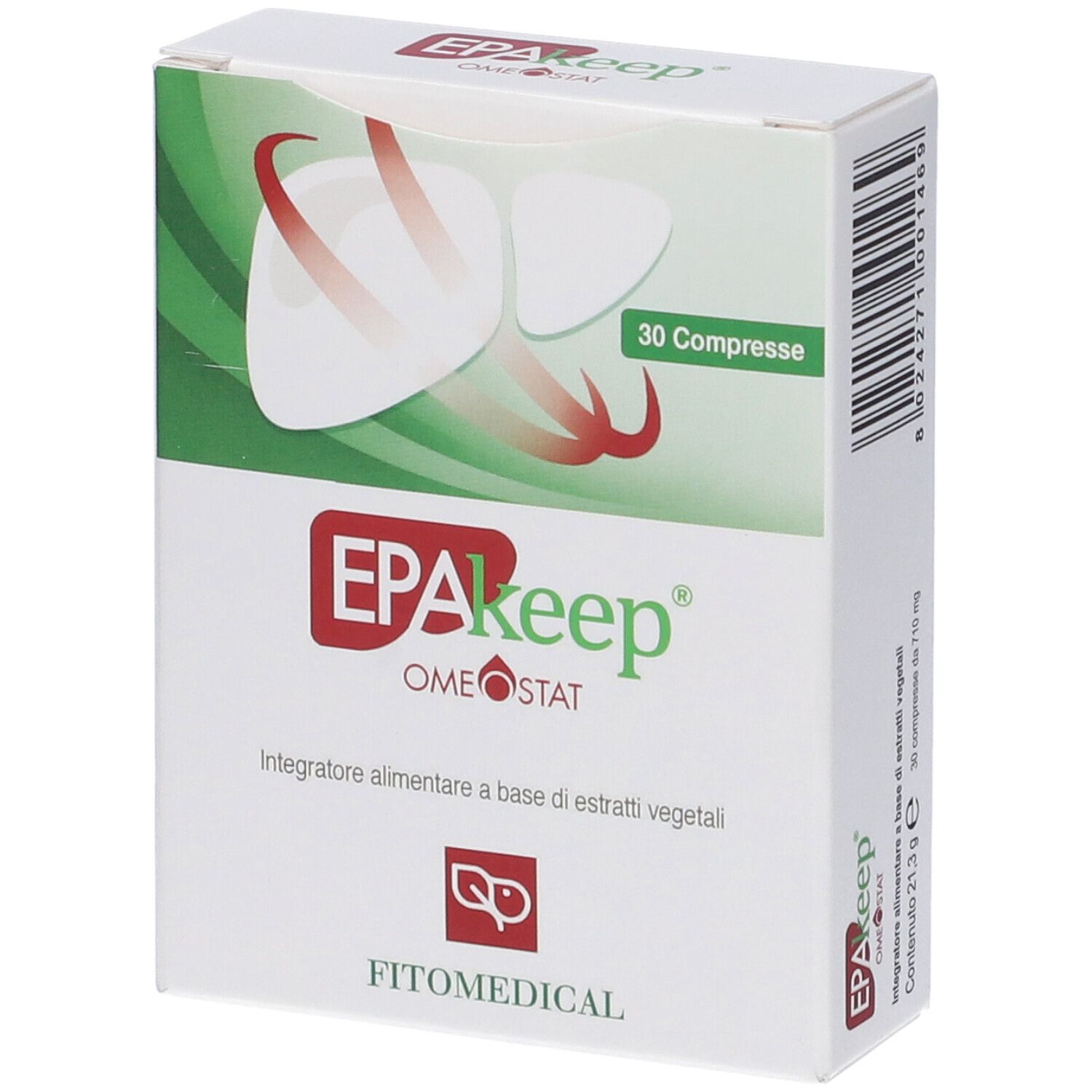 Vista angolata della confezione Epakeep Omeostat 30 Compresse. Bianca, verde e rossa. Nome e logo del prodotto.