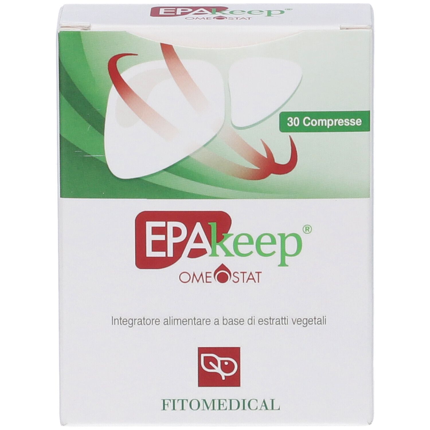 Confezione di Epakeep Omeostat 30 Compresse. Bianca, verde e rossa. Logo e nome del prodotto ben visibili.