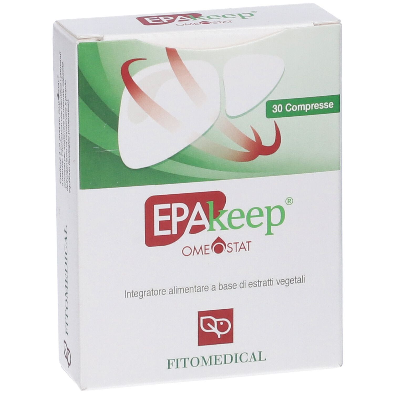 Vista angolata della confezione Epakeep Omeostat 30 Compresse. Bianca, verde e rossa. Nome e logo del prodotto.