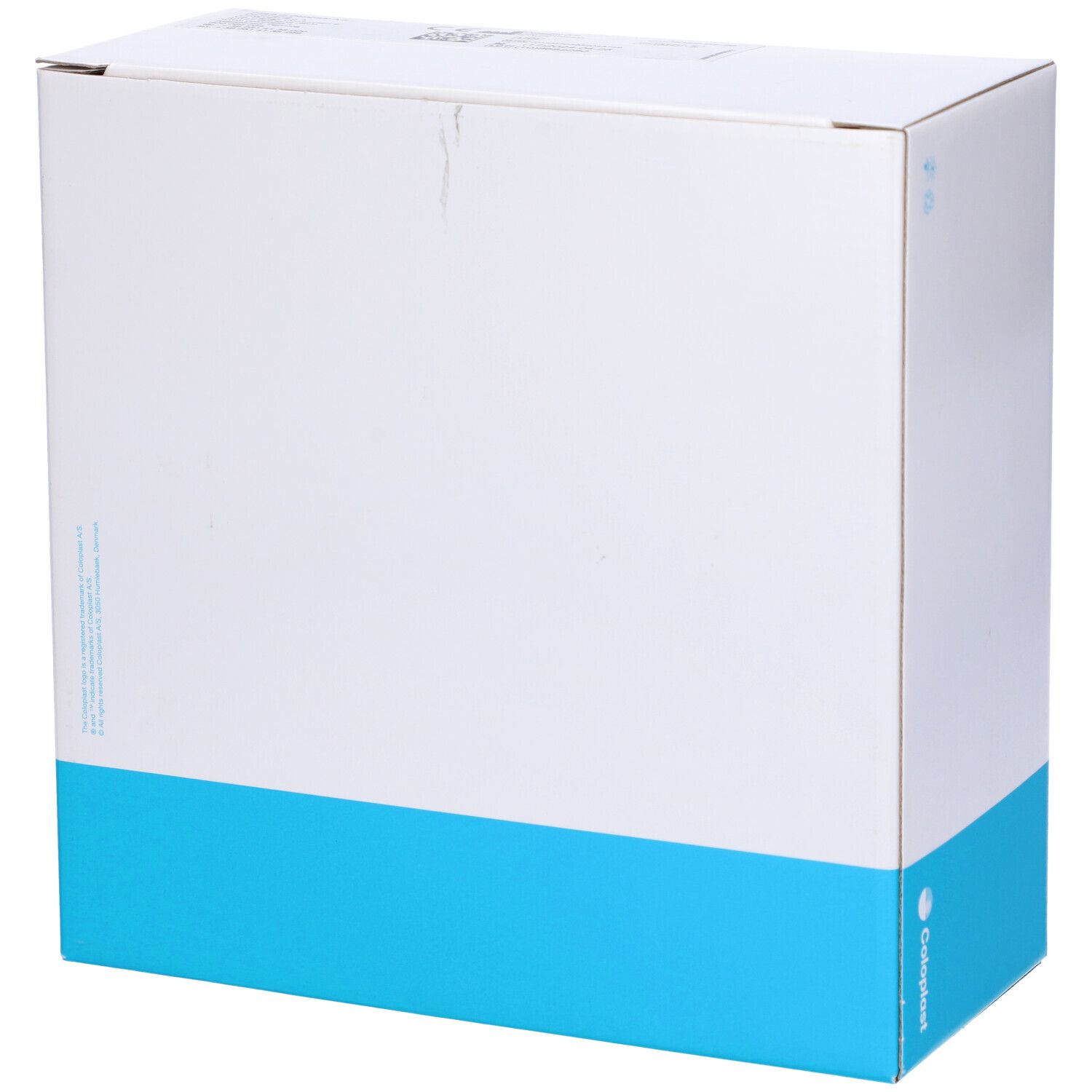 Scatola bianca con base blu. Logo Coloplast in basso a destra. Vista prospettica.