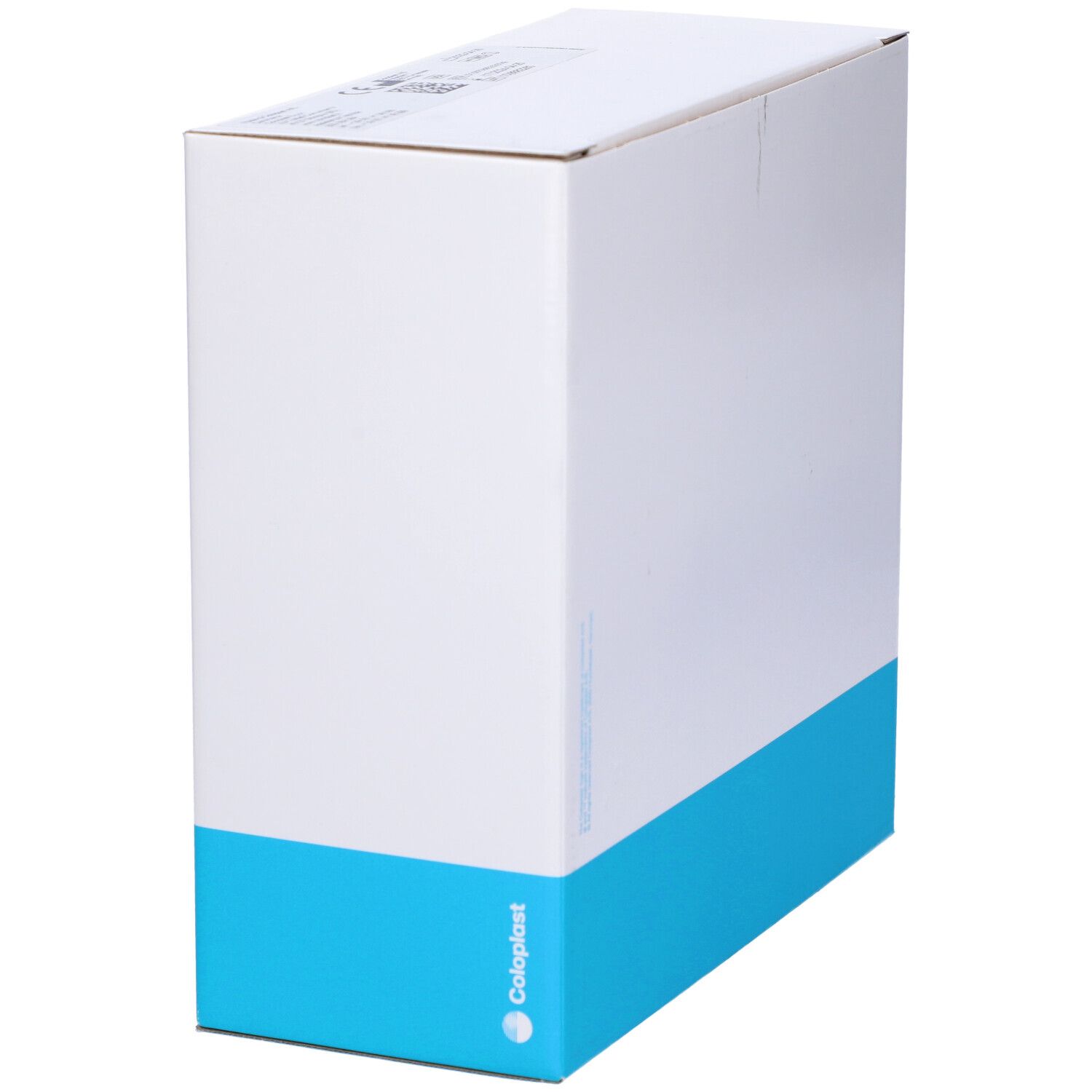 Scatola bianca con base blu. Logo Coloplast in basso a destra. Vista prospettica.