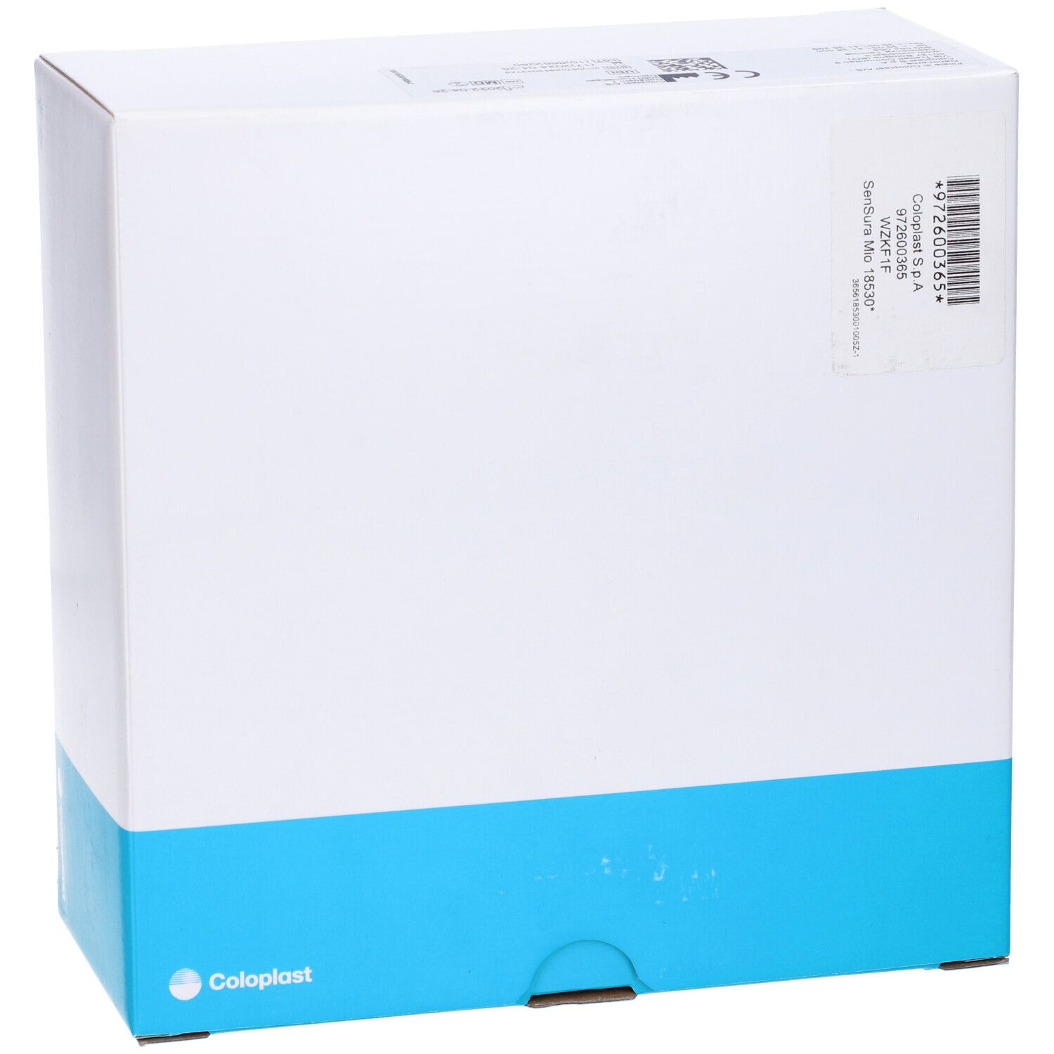 Scatola bianca con base blu. Logo Coloplast in basso a sinistra. Codice a barre e informazioni prodotto in alto.