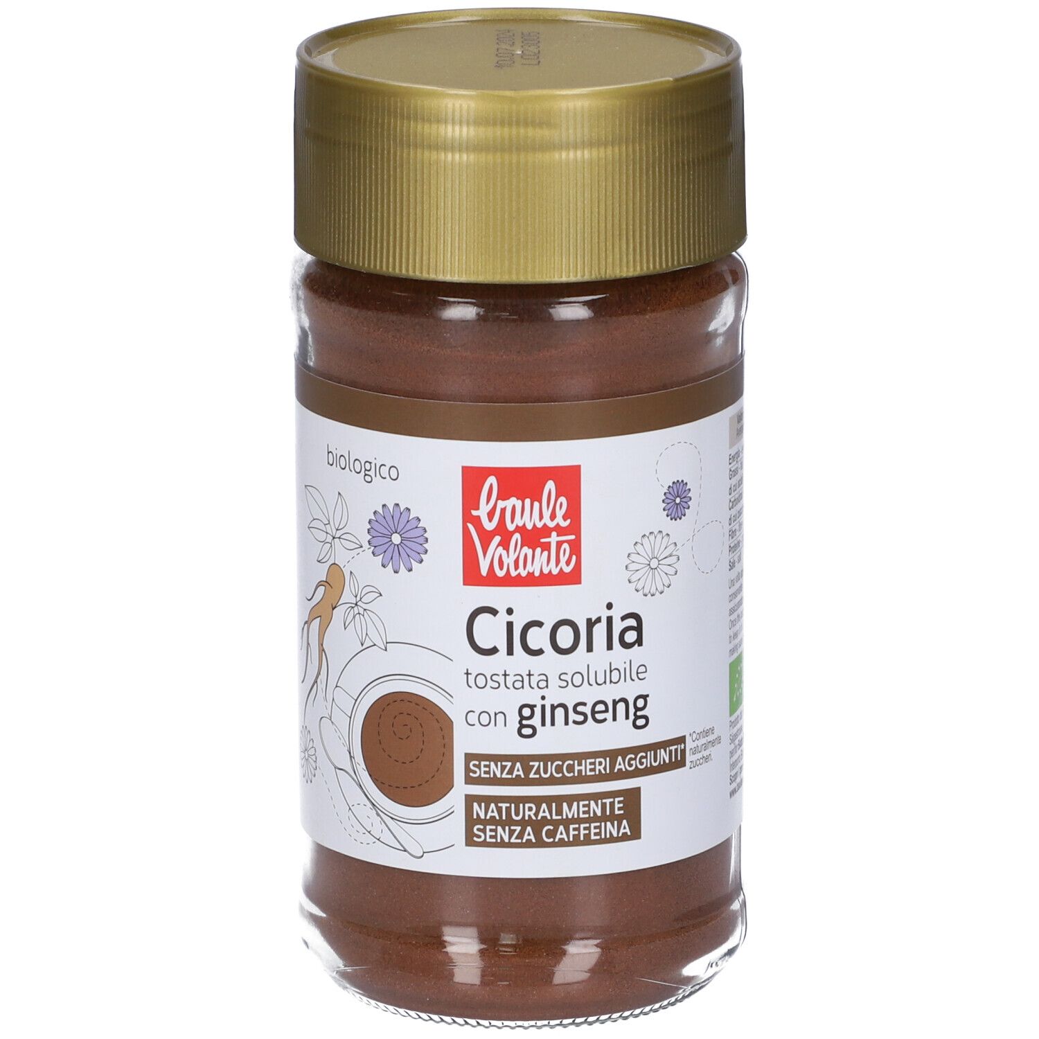 Barattolo di vetro con polvere marrone, coperchio dorato ed etichetta con nome del prodotto e logo.