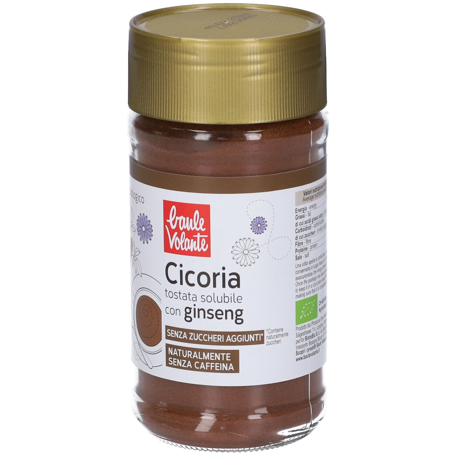 Barattolo di vetro con polvere marrone, coperchio dorato ed etichetta con nome del prodotto e logo.