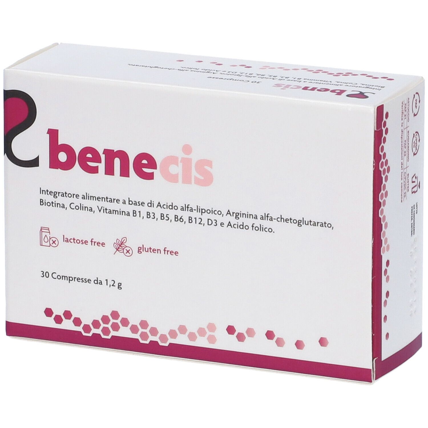 Scatola bianca con logo "benecis". Contiene 30 compresse. Indicazioni "senza lattosio" e "senza glutine".