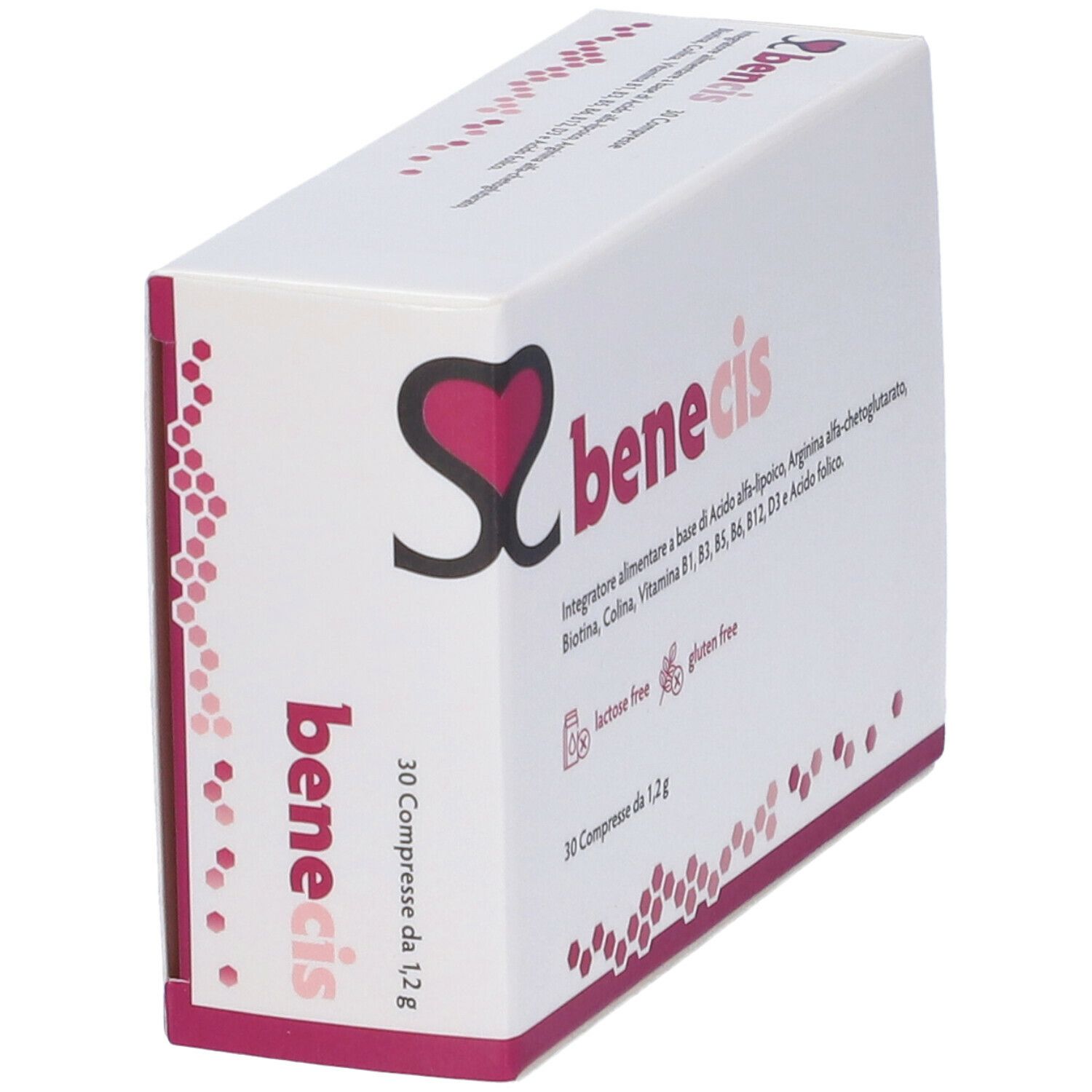 Scatola bianca inclinata con logo "benecis". Contiene 30 compresse. Testo: "senza lattosio" e "senza glutine".