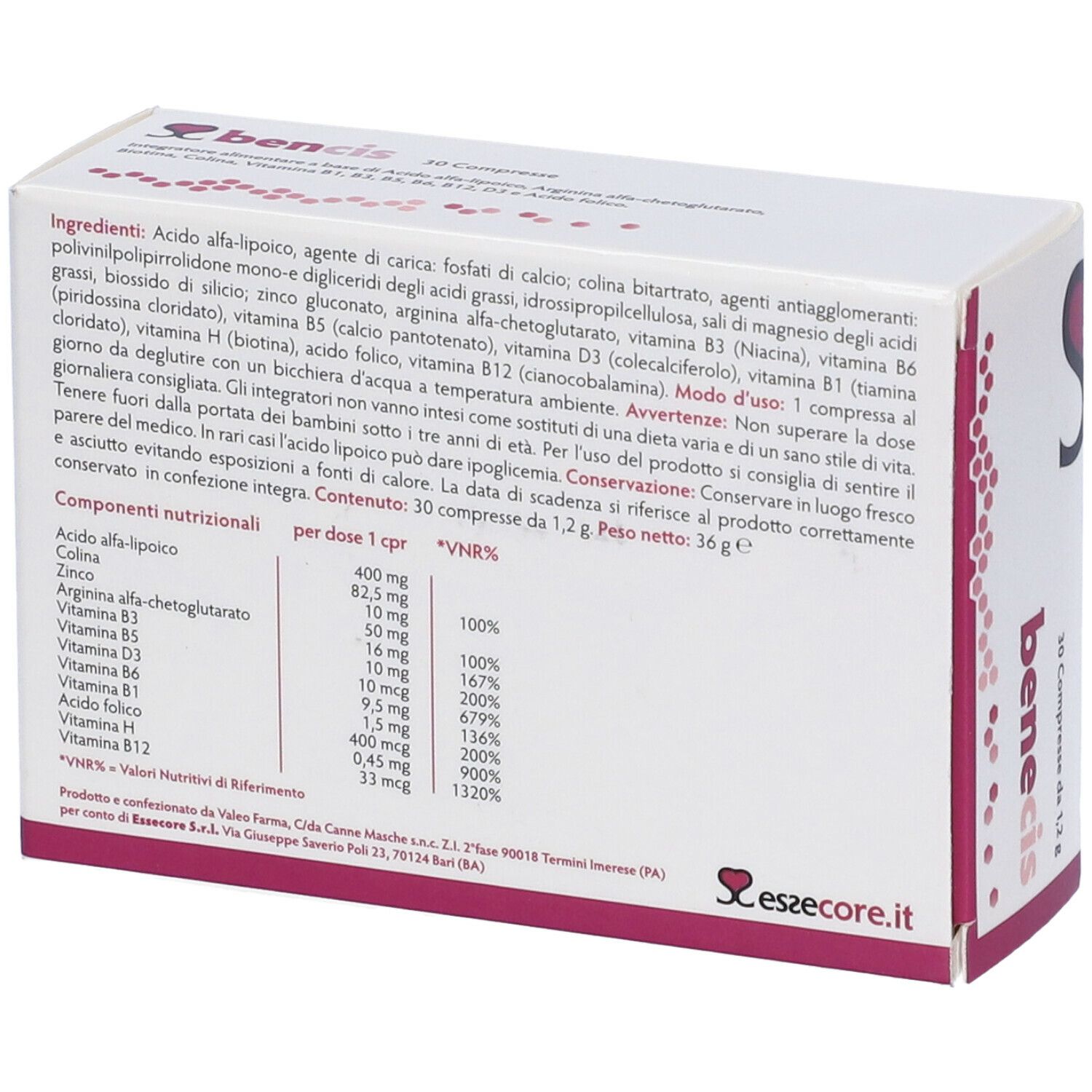 Retro della scatola bianca con informazioni e tabella nutrizionale. Contiene 30 compresse. Testo: "benecis".