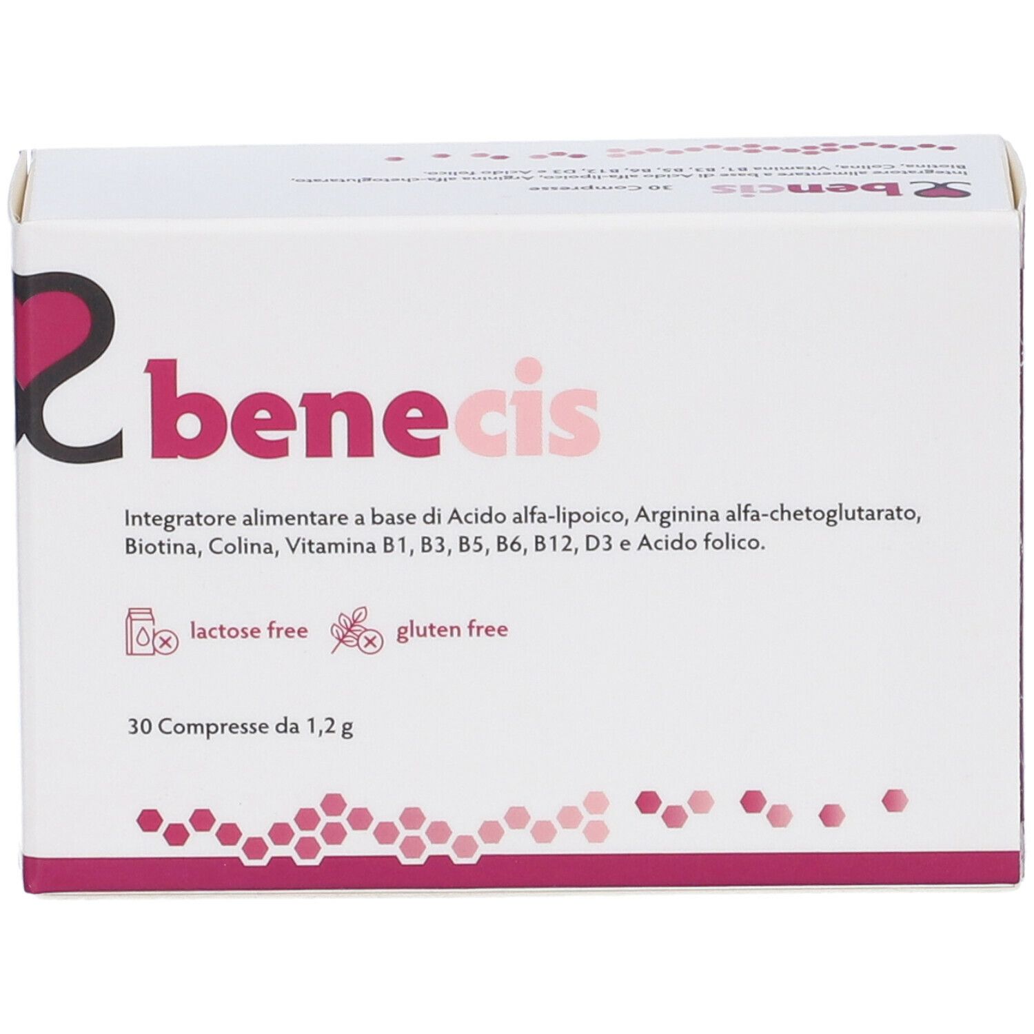 Scatola bianca con logo "benecis". Contiene 30 compresse. Indicazioni "senza lattosio" e "senza glutine".