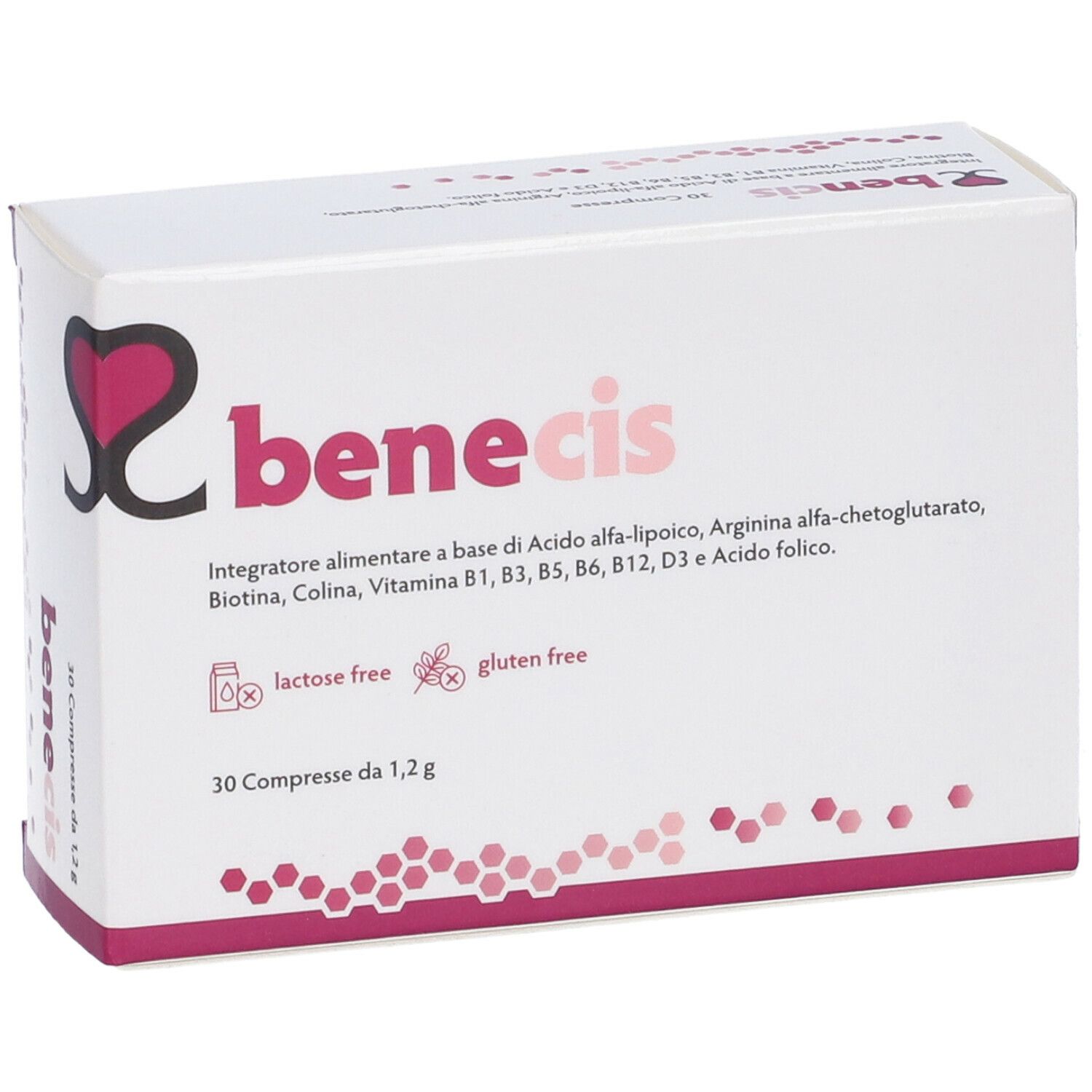 Scatola bianca con logo "benecis". Contiene 30 compresse. Indicazioni "senza lattosio" e "senza glutine".
