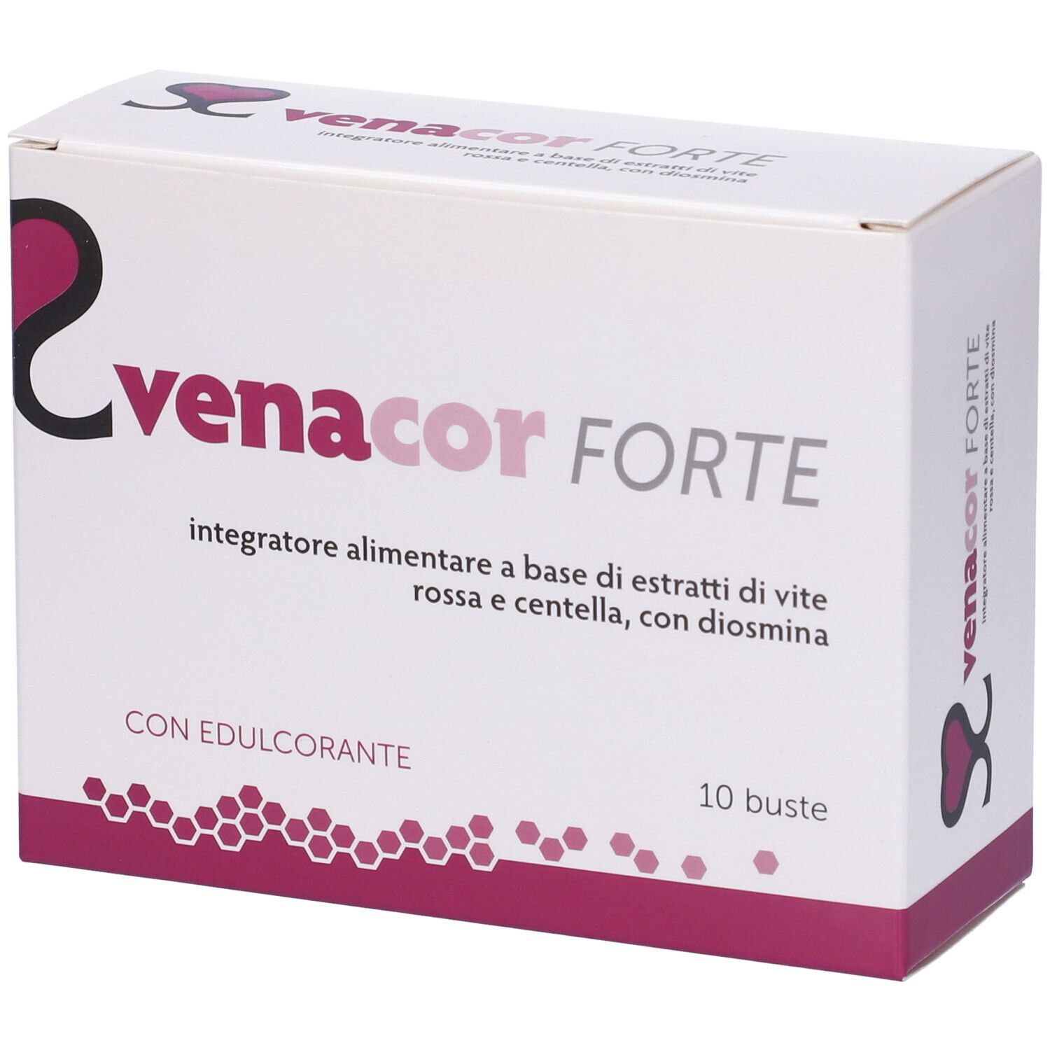 Scatola bianca "Venacor Forte". Contiene 10 bustine. Accenti viola. Scritte in italiano.