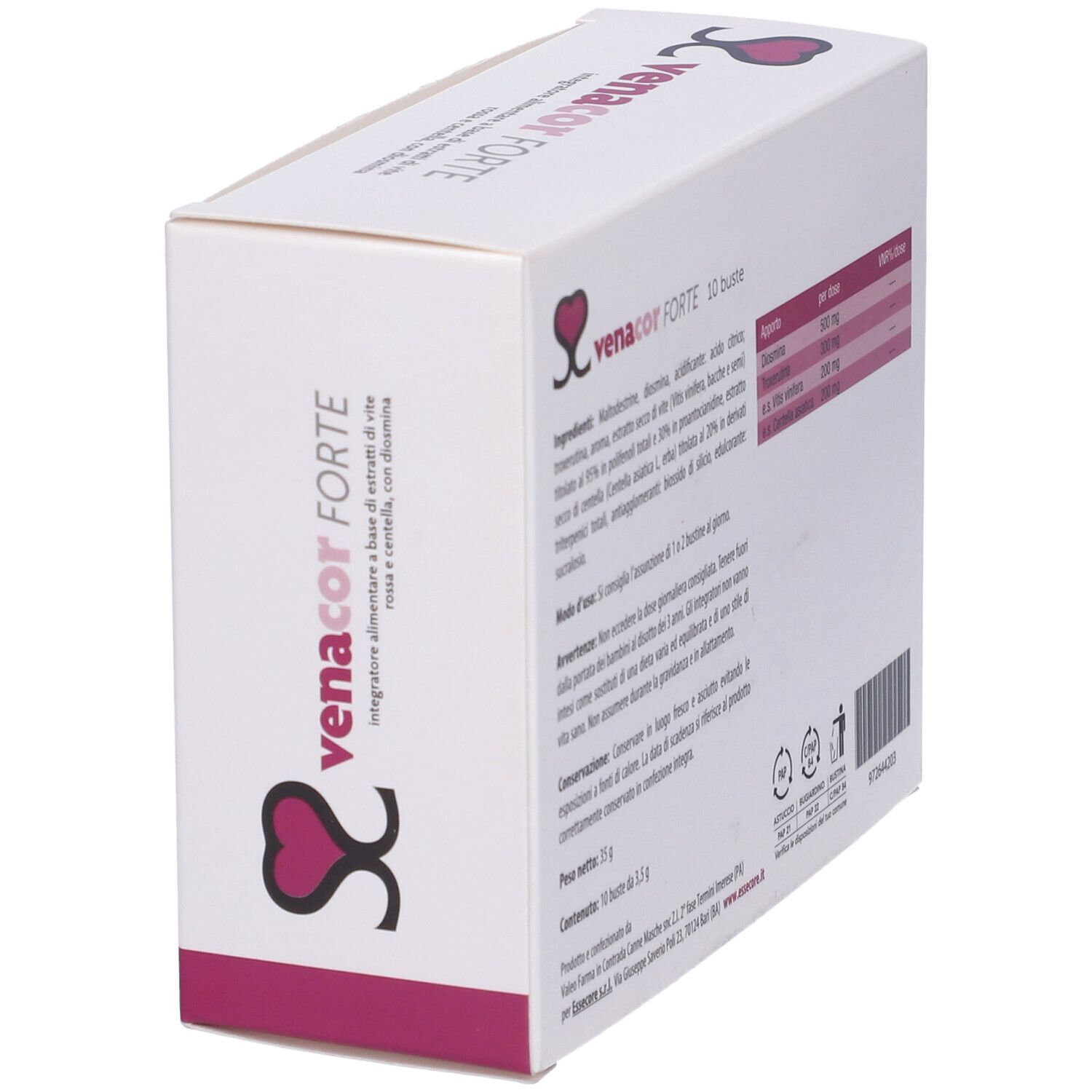 Scatola "Venacor Forte" inclinata. Retro con ingredienti e dosaggio. Scritte in italiano.