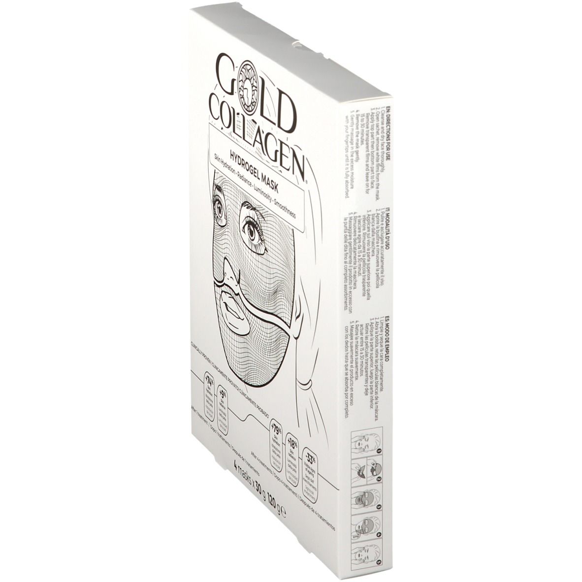 GOLD COLLAGEN® Hydrogel Mask-Verpackung. Seitenansicht des weißen Kartons mit Text und Illustrationen.
