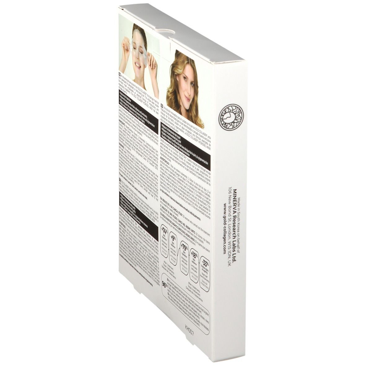 Seitenansicht der GOLD COLLAGEN® Hydrogel Mask-Verpackung. Text und Logo von Minerva Research Labs Ltd.