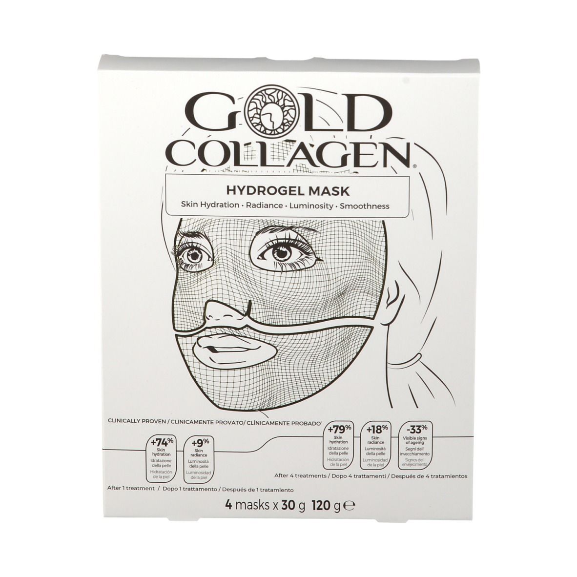 GOLD COLLAGEN® Hydrogel Mask-Verpackung. Vorderansicht mit Produktabbildung und Text. 4 Masken, 120g.