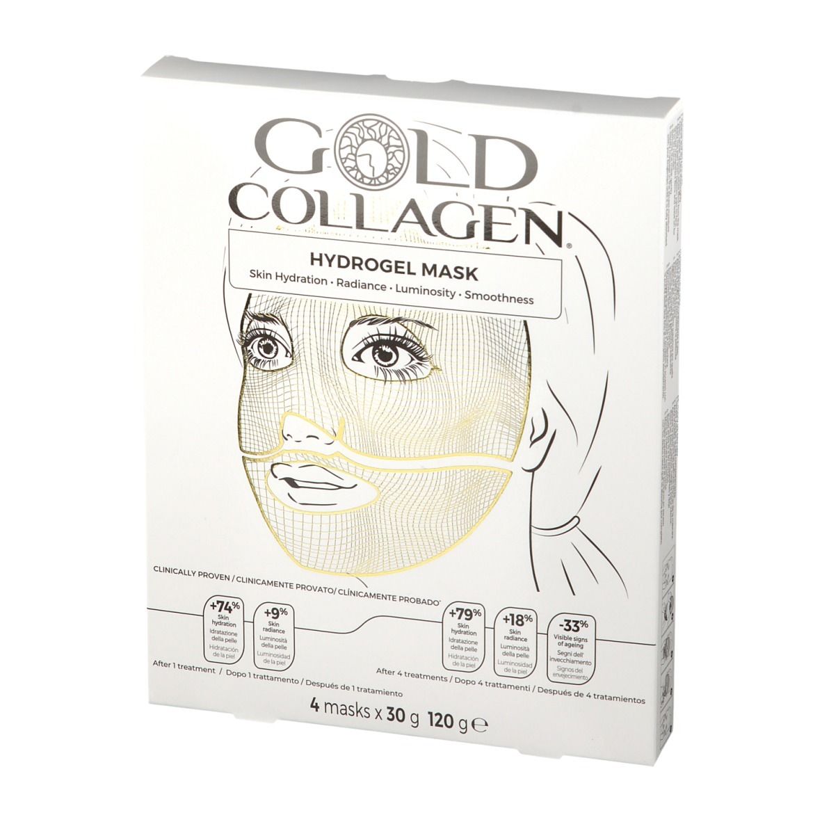 GOLD COLLAGEN® Hydrogel Mask-Verpackung. Vorderansicht mit goldener Produktabbildung und Text. 4 Masken, 120g.