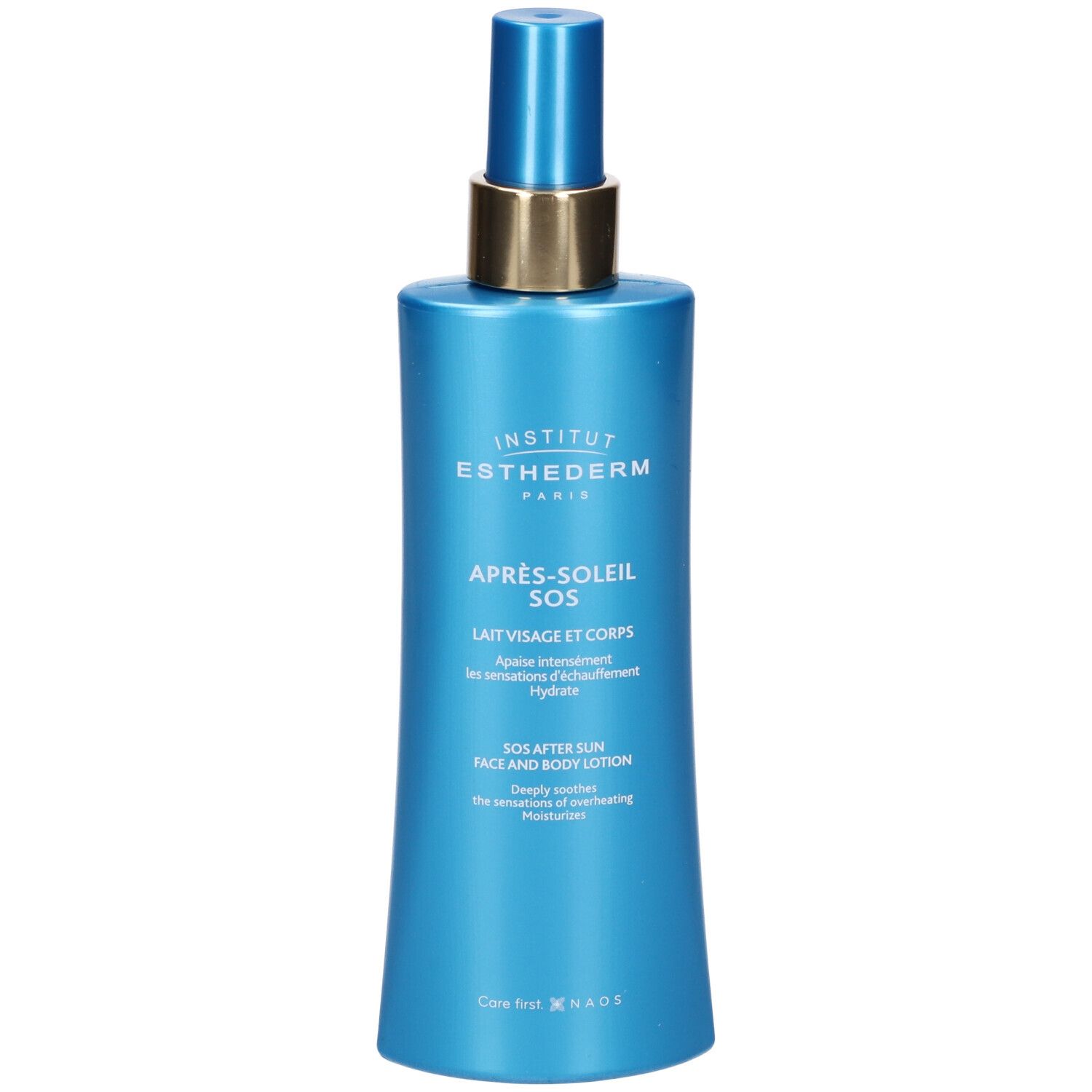 Flacone blu e oro. Scritta: Après-soleil SOS, Lait Visage et Corps. Erogatore spray. Marchio: Institut Esthederm Paris.